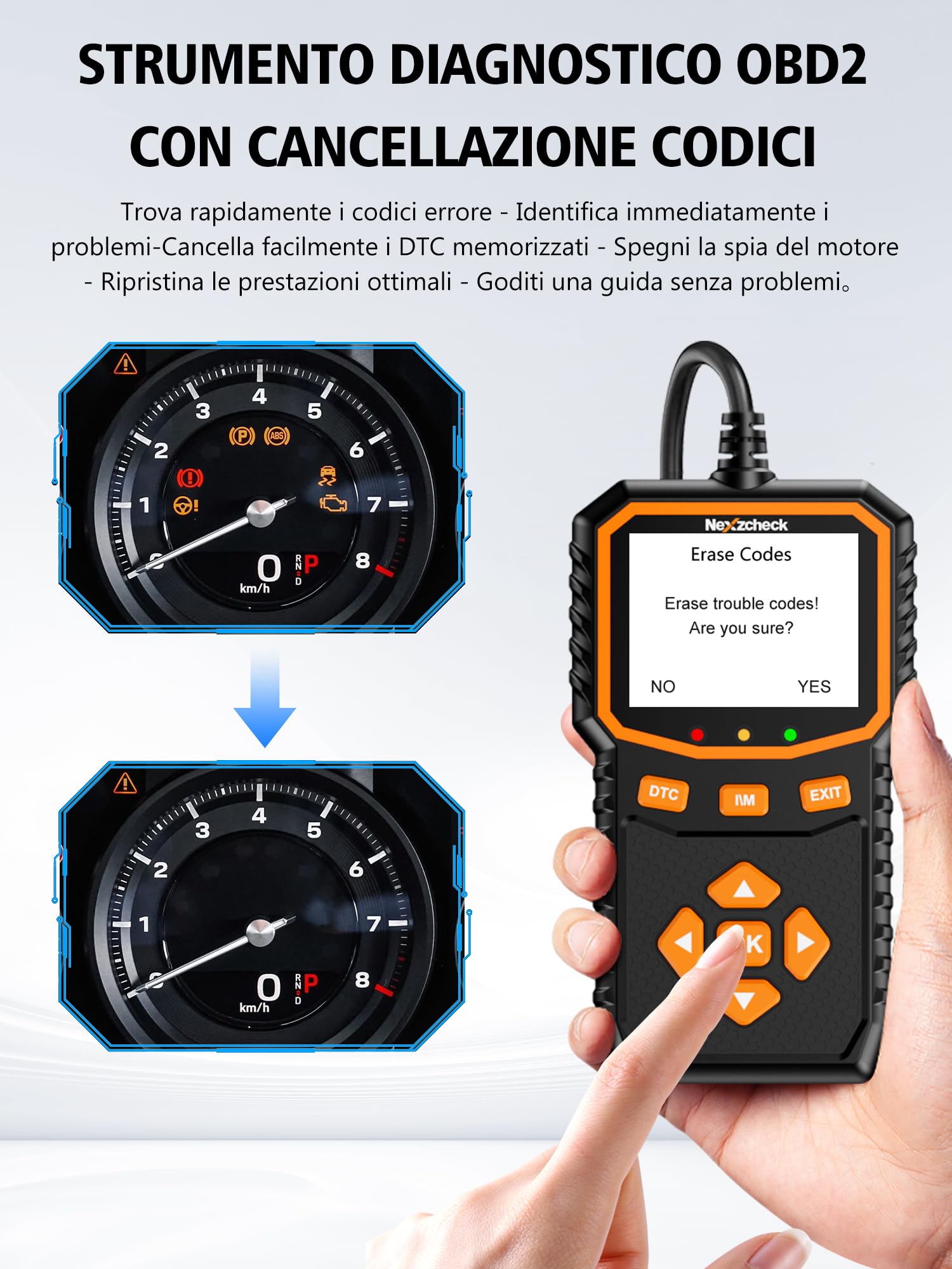 Scanner OBD2 Professionale Nexzcheck In Italiano – Lettura E Cancellazione Codici Errore, 35.901 DTC, Compatibile Con Tutti I Veicoli (dal 1996 USA, 2002 EU)