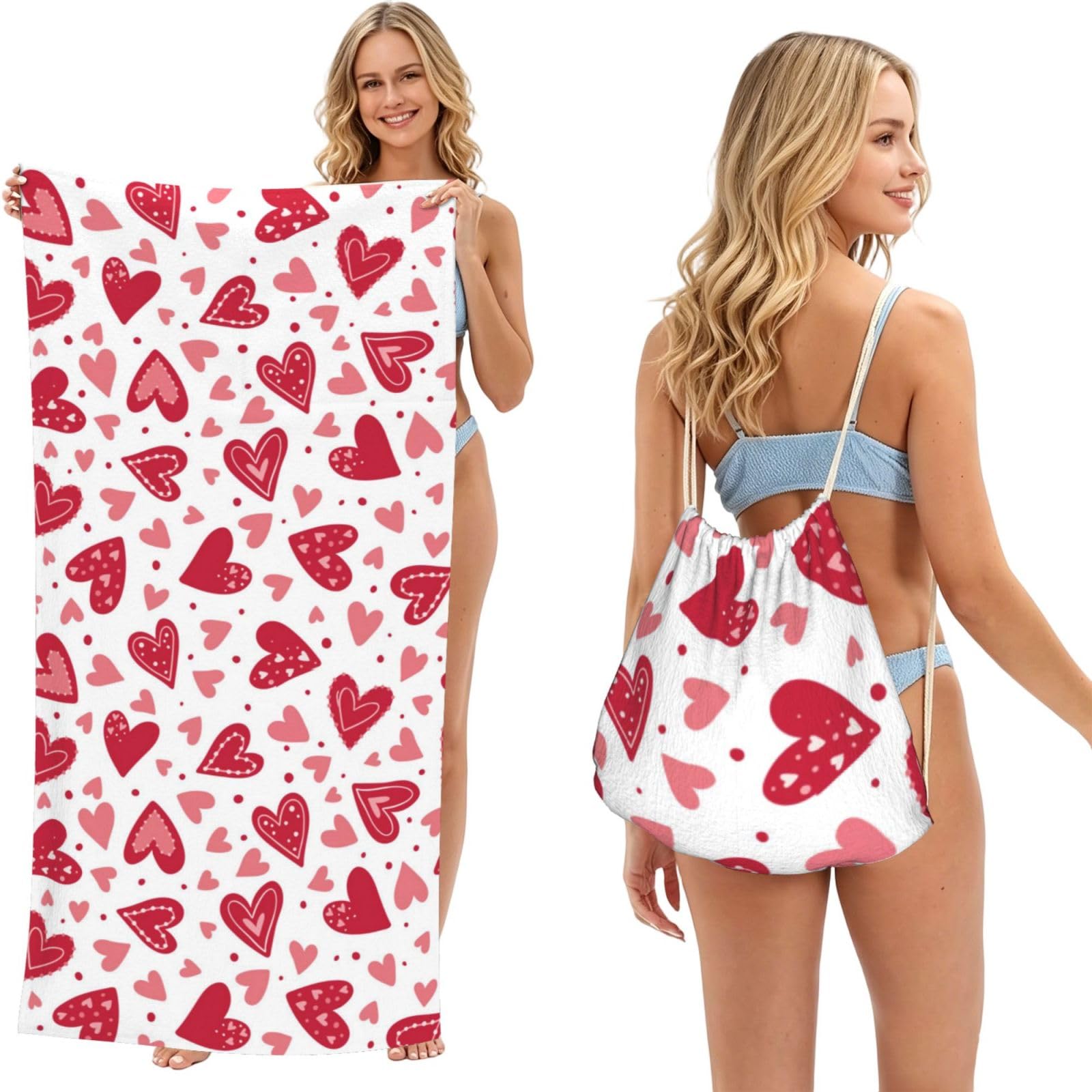 Poadnly As Picture Valentine's Day Heart Pattern, 2 In 1 Packable Towel Bag, Beach Towels With Drawstring Backpack For Travel Holiday Camping