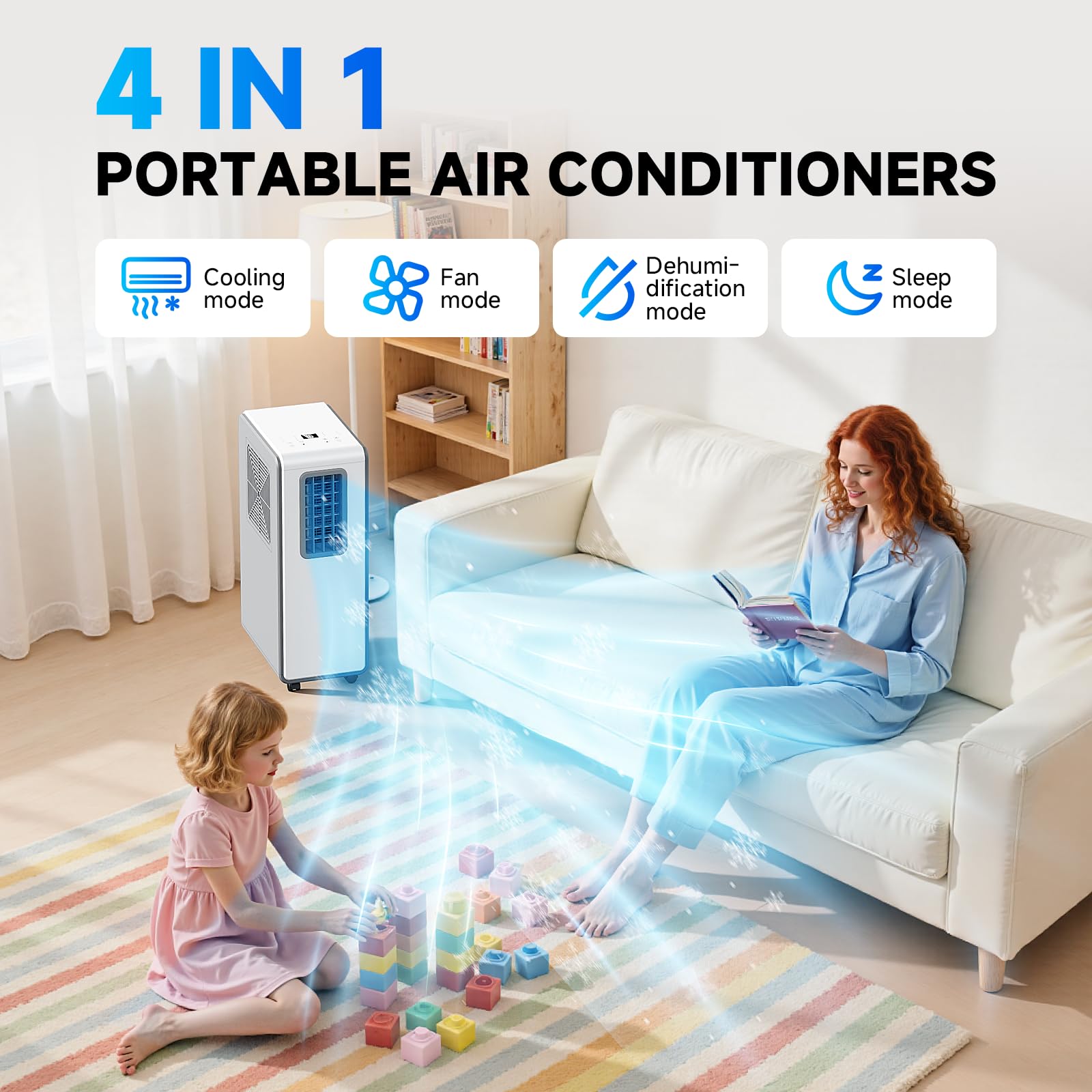 Climatiseur mobile 4-en-1 et refroidisseur d'air, déshumidificateur, ventilation, minuterie 24h, silencieux, parfait pour chambre à coucher, bureau et cuisine (blanc pur)