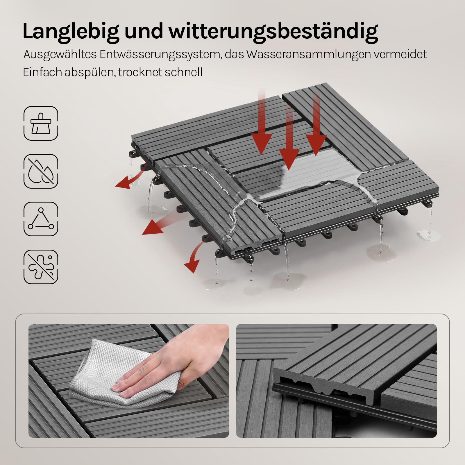 WOLTU WPC Terrassenfliesen Holzoptik, Hellgrau (22 Stück / 2 m²) | Premium WPC ohne Verwitterung, rutschhemmend, Klickverbindung ohne Werkzeug, für Garten und Terrasse nutzbar, langlebig