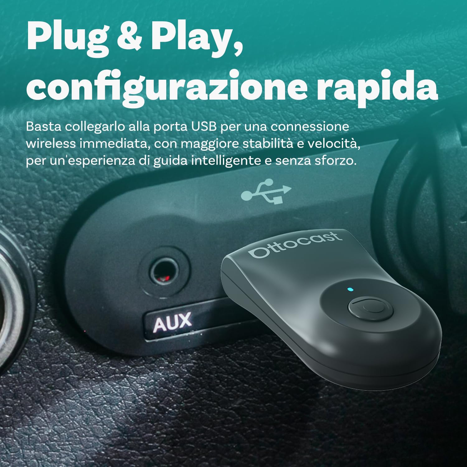OTTOCAST Mini, Adattatore Wireless Android Auto e Carplay Plug & Play WiFi 5,8 GHz Converti Dongle Carplay Cablato in Wireless, Compatibile con auto del 2016 e successive con AA cablato e Carplay