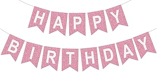 Fabric Happy Birthday Banner, Pre Assembled Glitter Pink Birthday Sign for Birthday Party Decorations supplies