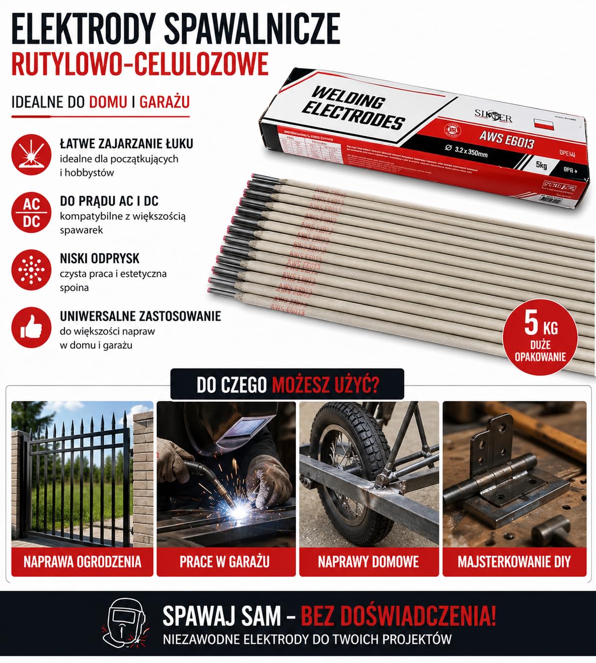 Elektrody spawalnicze rutylowo-celulozowe 3,2 mm 350 mm 5 kg uniwersalne do spawania stali konstrukcyjnej DC AC łatwe zajarzanie łuk stabilny niski odprysk