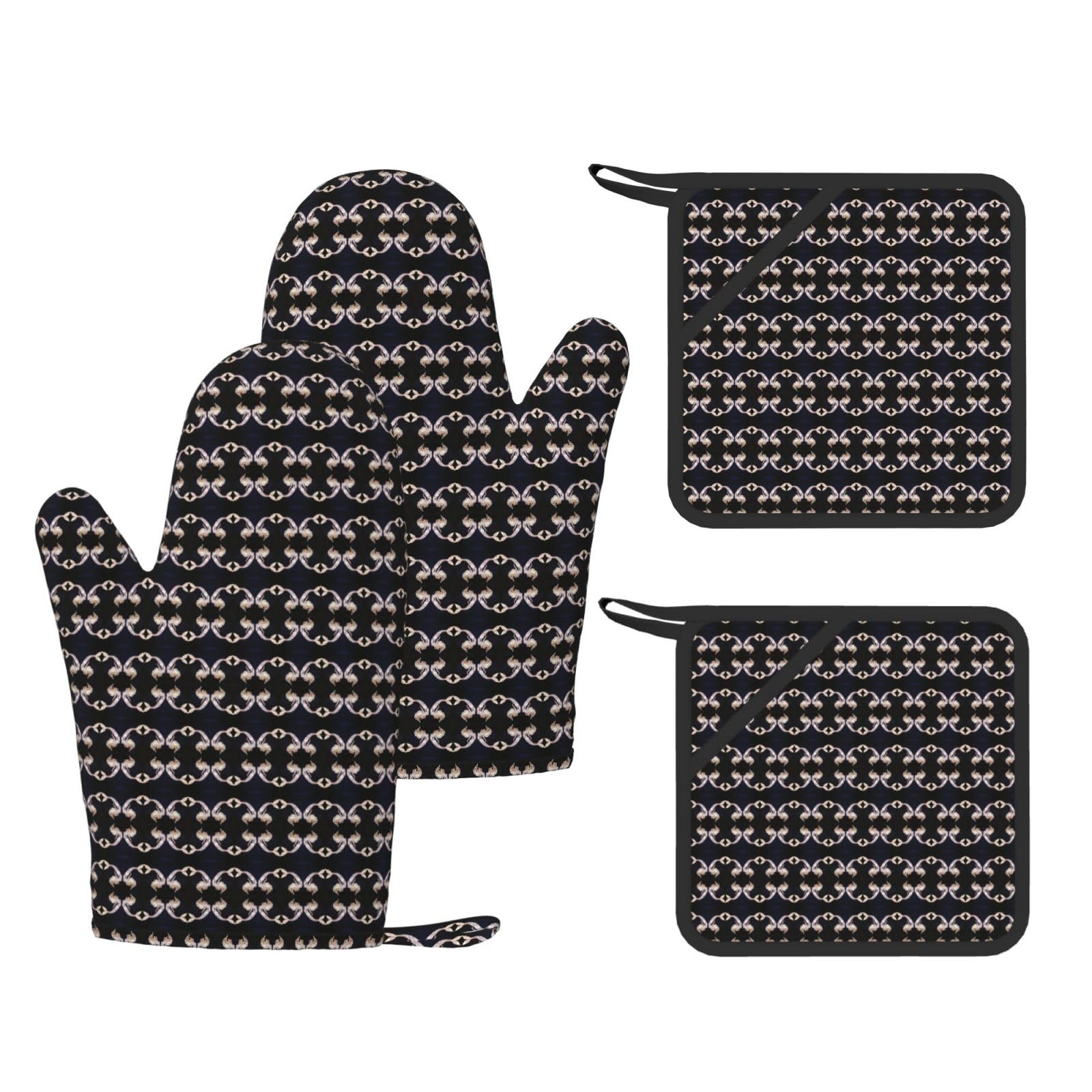 Black Mermaid Printed Potholder and Oven Mitt Set of 4, High Heat Resistant Cooking Gloves for BBQ Grilling