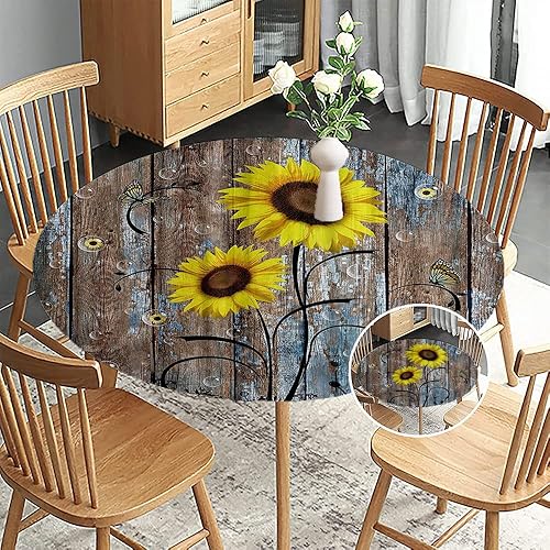 Miniatura 2 de Mantel ajustable redondo de girasol, flores amarillas rústicas en puerta de granero marrón en casa de campo en otoño, adecuado para fiestas de