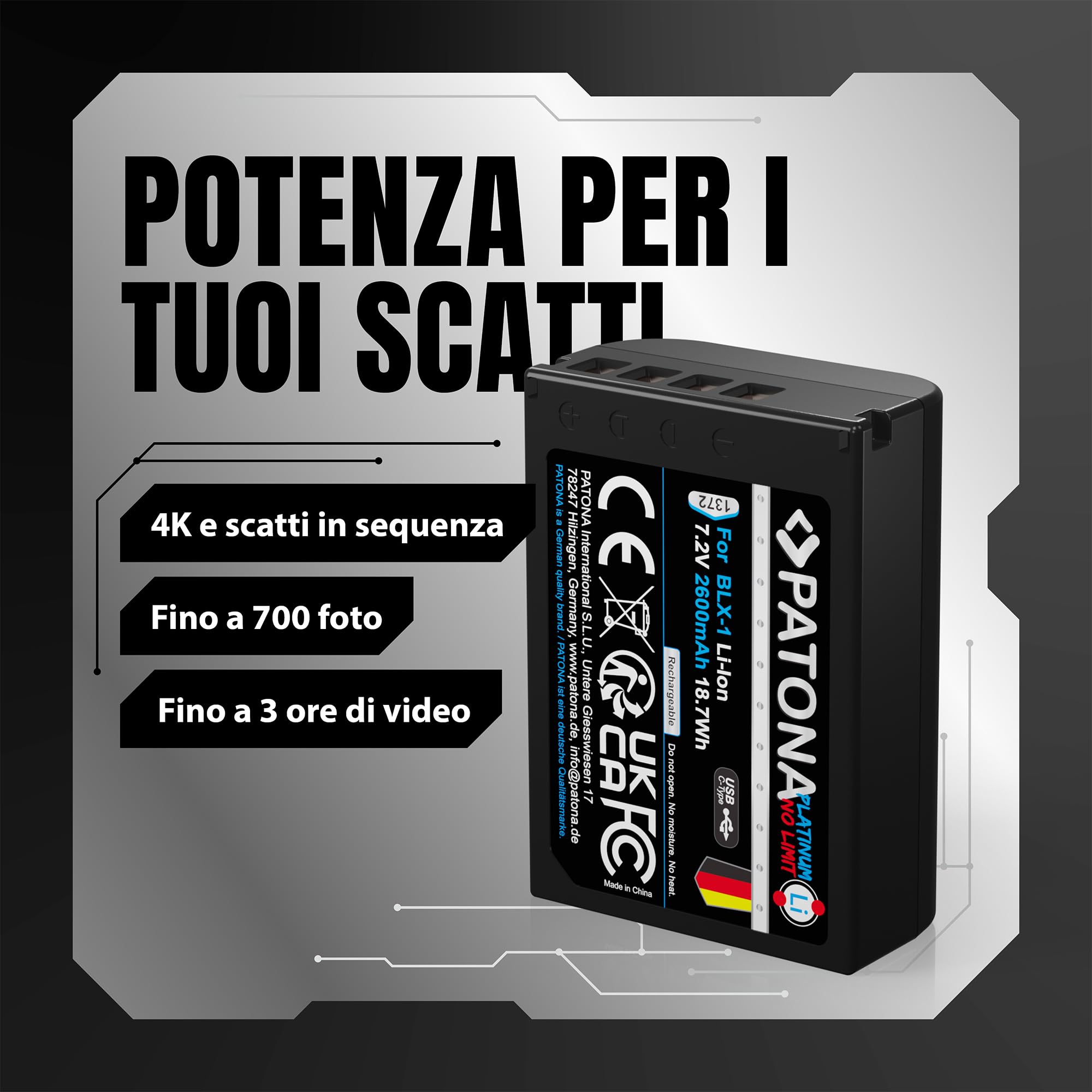 PATONA 1372 Platinum Batteria BLX-1 con ingresso USB-C, 2600mAh 7.2V | Batteria di ricambio da 18.7Wh compatibile con Olympus OM-1 OM-3, sostituisce i modelli BLX1 BL-X1 BL X1