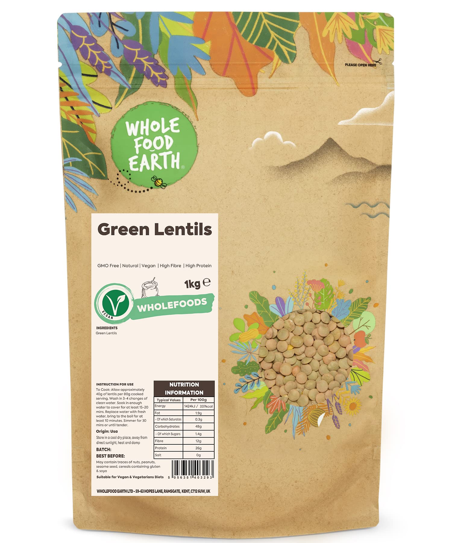 Wholefood Earth Green Lentils 1 kg | GMO Free | Natural | High Fibre | High Protein