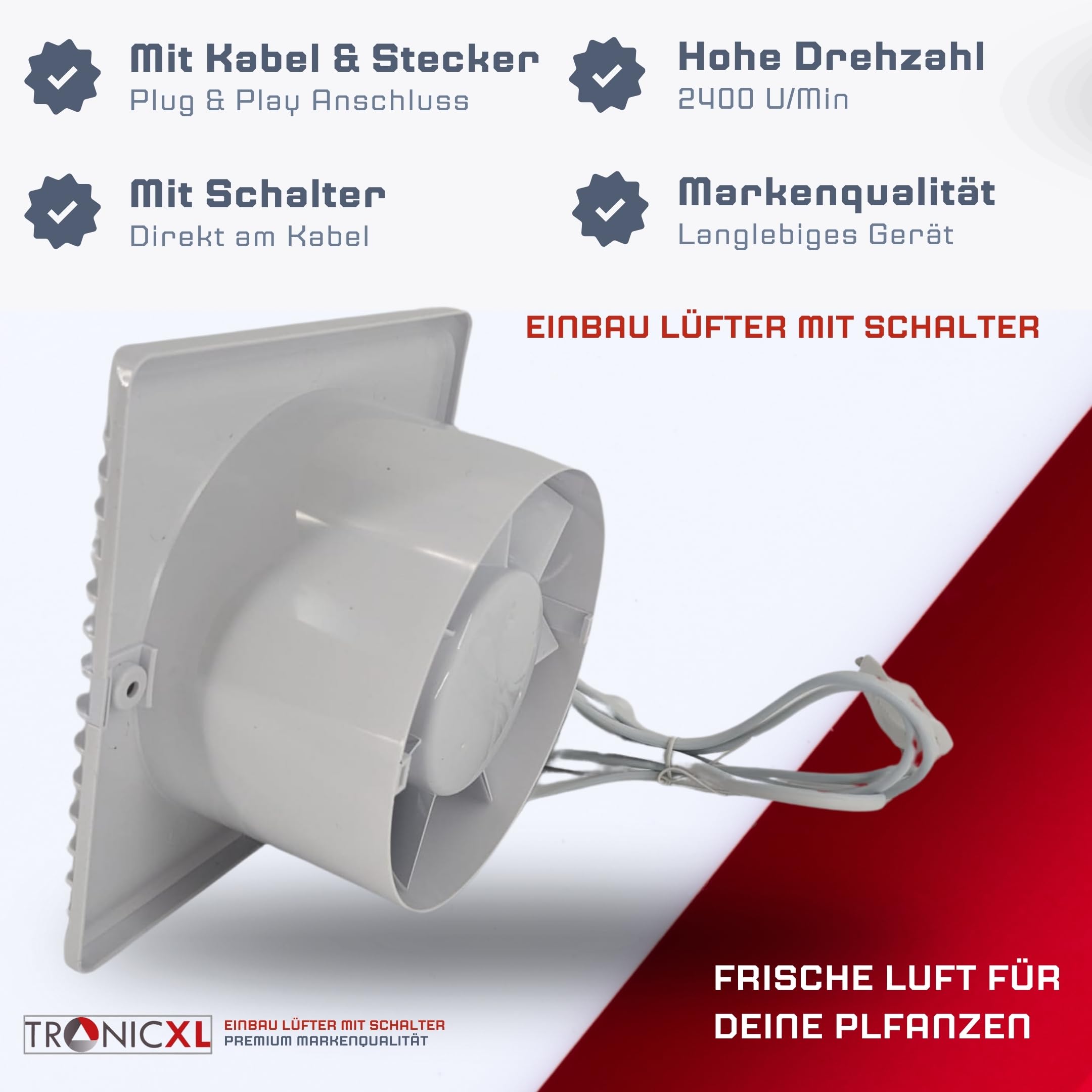 TronicXL 100mm Abluft/Zuluft Grow Lüfter Ventilator mit Netzstecker und Schalter für Homebox Growbox Growschrank Secret Jardin GrowPro DiamondBox Zelsius Mars Hydro etc.