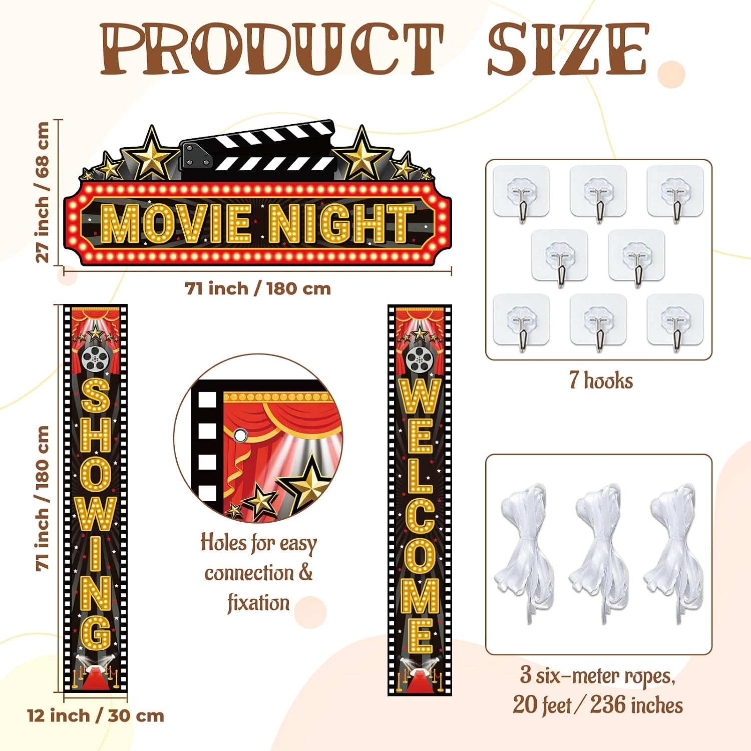 Movie Night Porch Sign Banner and Casino Theme Party Decorations VIP Door Movie Entrance Door Frame Banner with Hooks and Rope for Photography Backdrop Red Carpet Party Supplies image 2