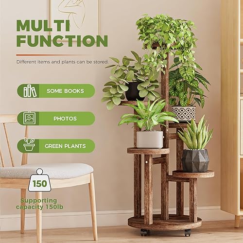 Miniatura 4 de Bamworld Soporte alto para plantas de 5 niveles para interiores, estante esquinero de madera con ruedas para múltiples plantas, soporte de flores