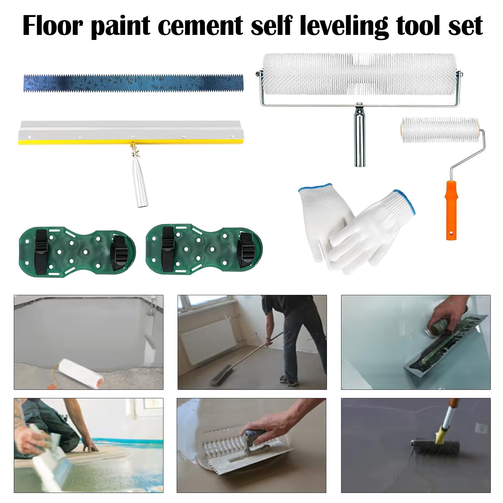 Bodenbeschichtungs Set, Entlüftungsroller Set mit 2 Entlüftungswalze 23CM+48CM Stehrakel Großflächenrakel 56CM und Nagelschuhe Stachellänge 3CM für Ausgleichsmasse Boden Wand