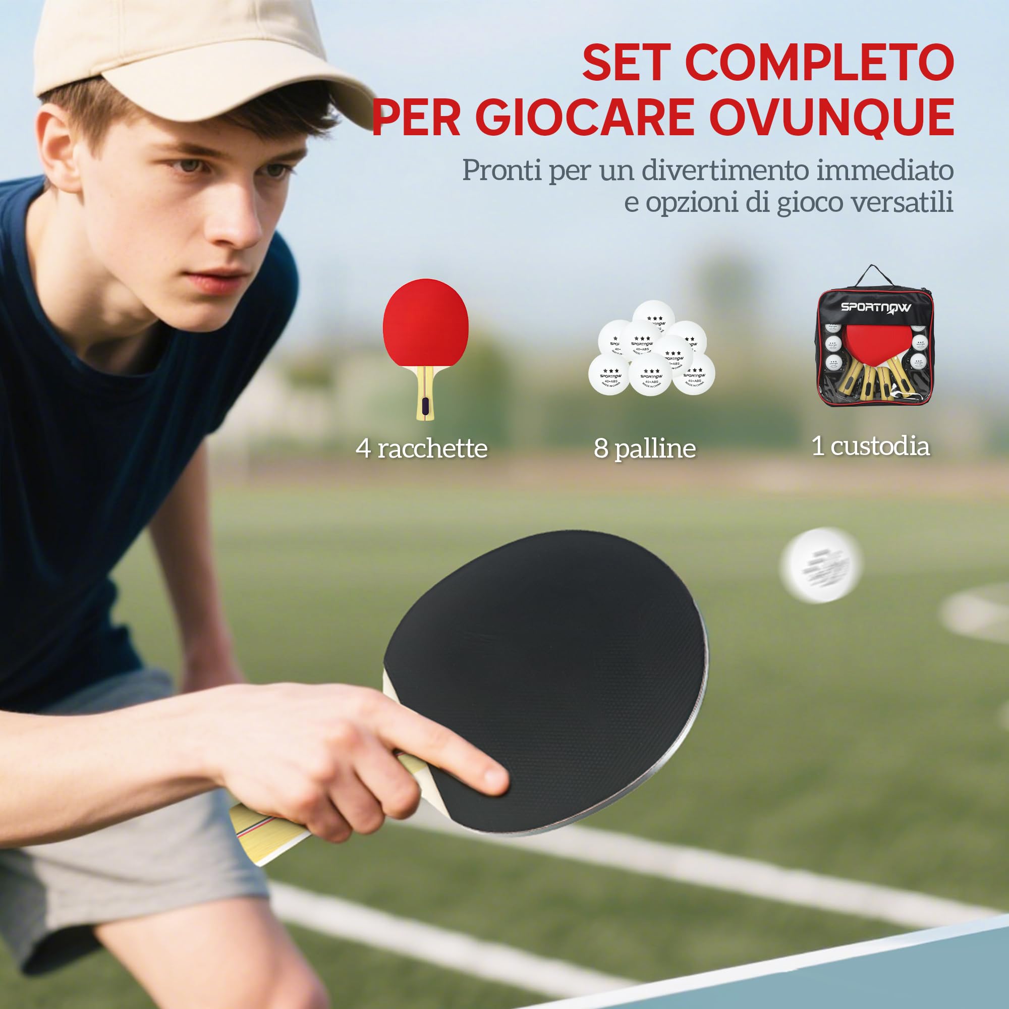 SPORTNOW Set di Racchette da Ping Pong e Palline, Set 4 Racchette per Tennis da Tavolo con Custodia per Principianti e Professionisti, Rosso e Nero