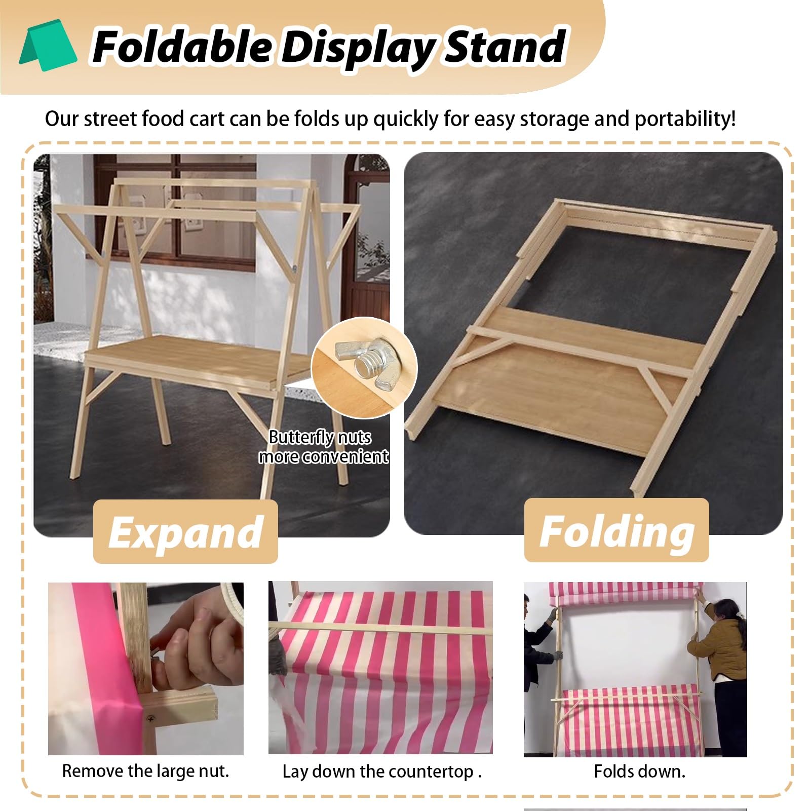 Genérico Carrito de Comida Plegable con toldo - Carrito móvil Ligero para Helados, Perritos Calientes y postres - Puesto de Servicio de Madera para Eventos al Aire Libre y Puestos ambulantes