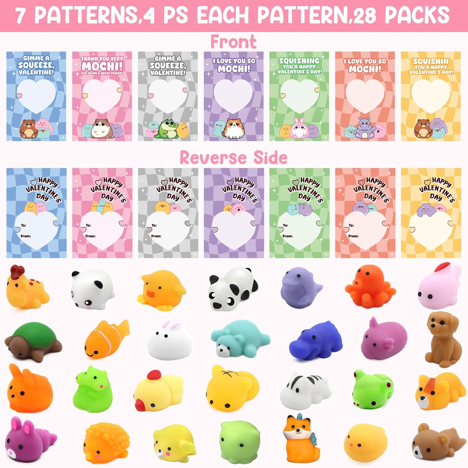 SURCVIO 28 Pack Valentines Day Gifts for Kids School, Animal Mochi Squishies with Greeting Cards, Classroom Exchange Party Favors, Stress Relief Fidget Toys, School Prize Supplies