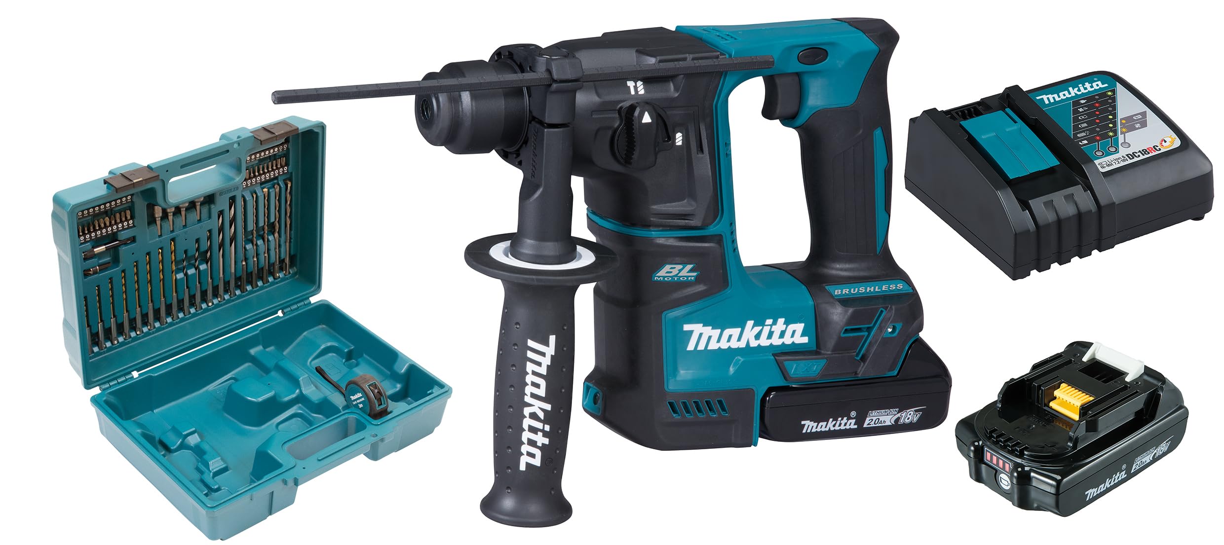 Cordless Hammer Drill for SDS-Plus 18 V / 2.0 Ah by Makita – Metal Plastic, Petrol/Black, Model DHR171RAX3