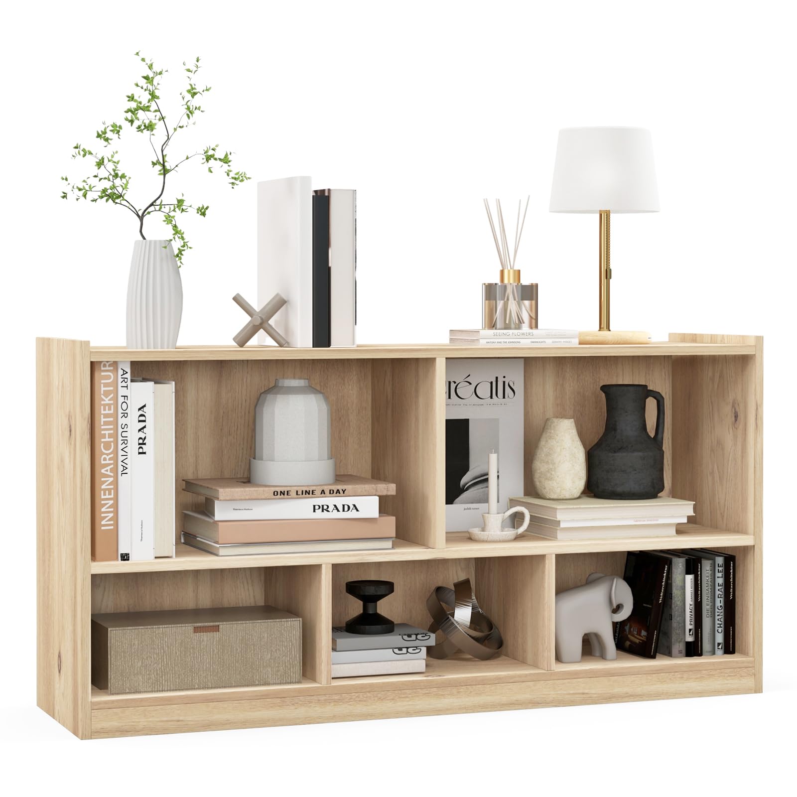 DORTALA 2-Tier Bookcase, 5 Cube Wood Storage Cube Bookshelf, Floor Standing Display Storage Shelf with Non-Slip Foot Pads, Storage Organizer Bookcase