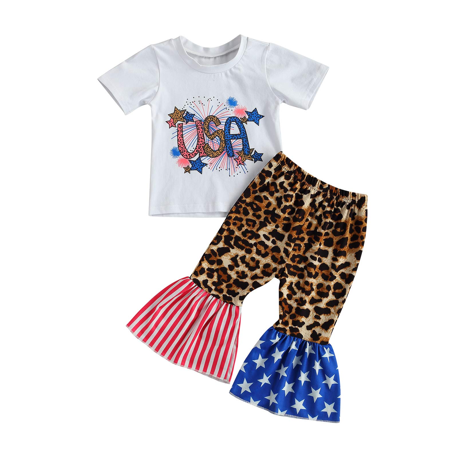Muasaaluxi Newborn Baby Girls 4th of July Outfits USA Short Sleeve T-shirt Leopard Flared Pants Summer Clothes Set 0-3Y (White+Leopard, 18-24M)
