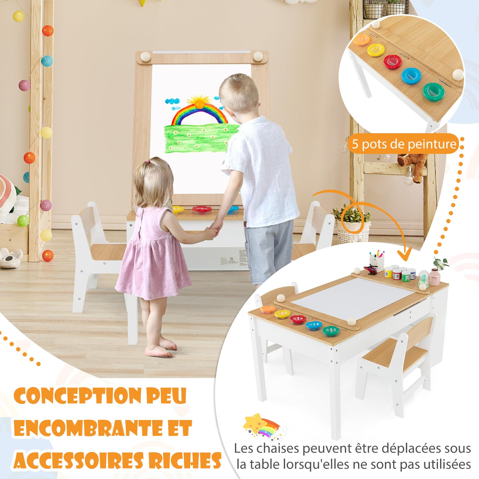 COSTWAY 2 en 1 Table Enfant avec 2 Chaises & Plateau Inclinable, Bureau Enfants en Bois avec 6 Boîtes de Rangement, Charge 91/75kg