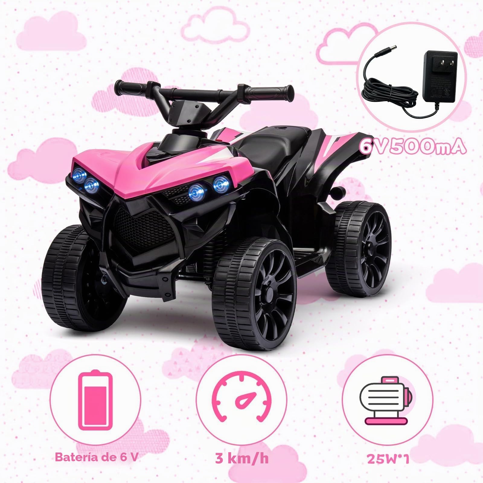 Garvee Quad Eléctrico Niño, Coche Eléctrico para Niños con LED Y Música,1.5-3 Km/h, Bocina, ATV para Niños 3+