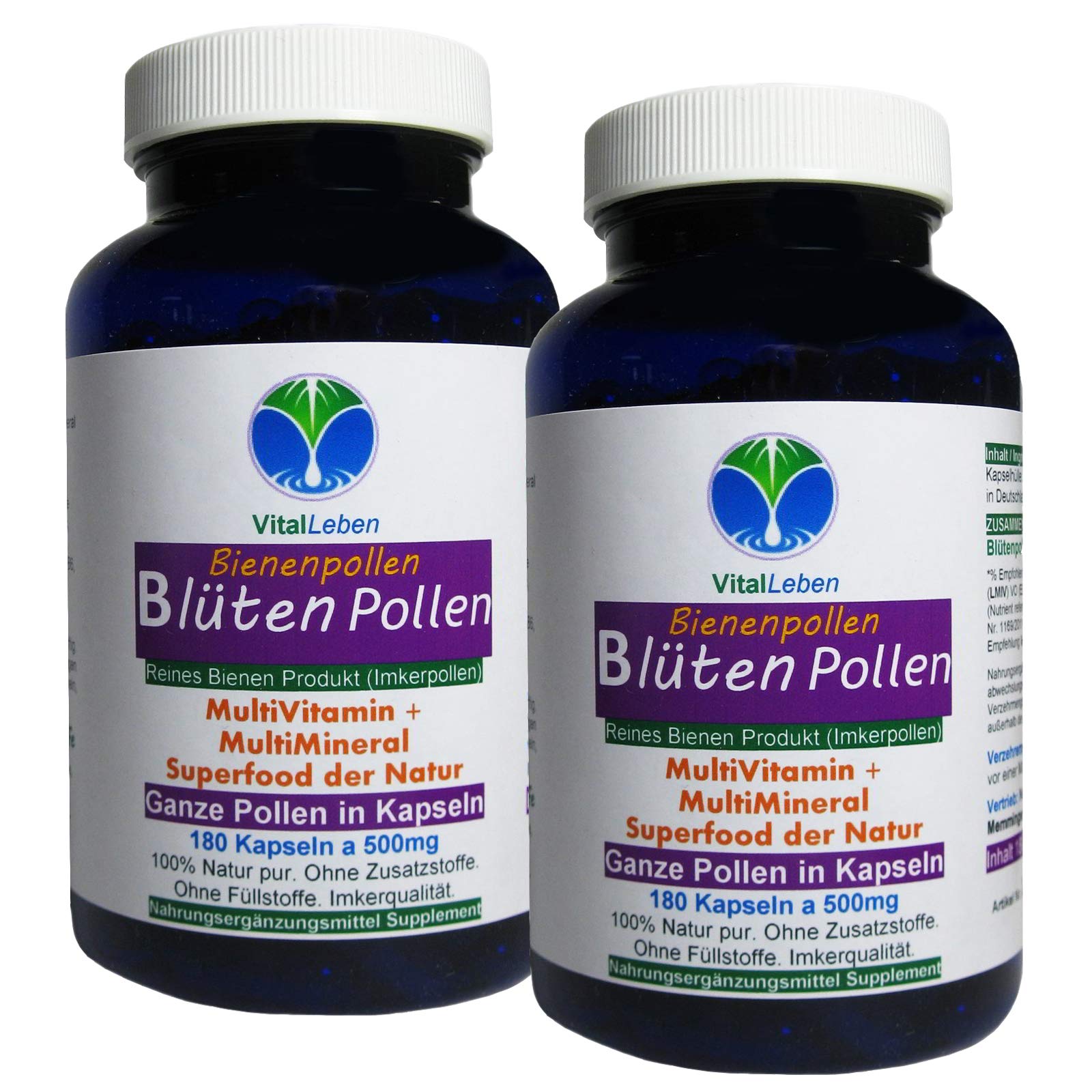 BLÜTENPOLLEN - GANZE Bienenpollen in Kapseln - MultiVitamin + MultiMineral SUPERFOOD der NATUR - 360 (2x180) Kapseln Imkerqualität - HOCHWIRKSAM. OHNE ZUSATZSTOFFE. 26925-4