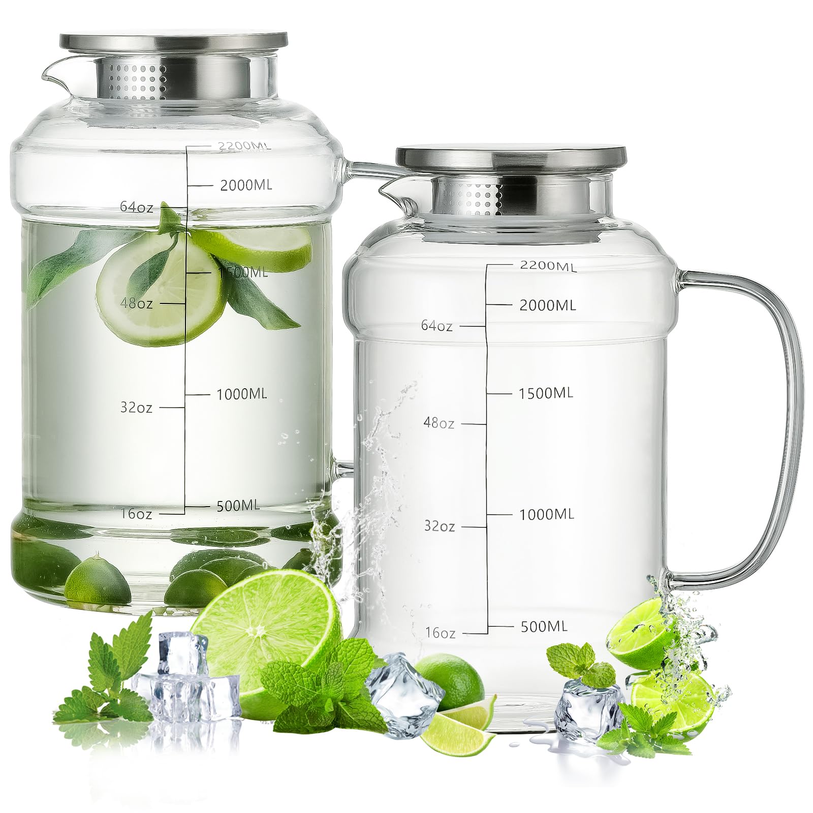 Buaic Glaskrug mit Deckel, 2,2 l Wasserkrug, klares Borosilikatglas, Wasserkaraffe für kaltgebrühten Kaffee, Limonade, Eiskaffee, Sonnentee, Getränke, hitzebeständiger Wasserglas-Krug
