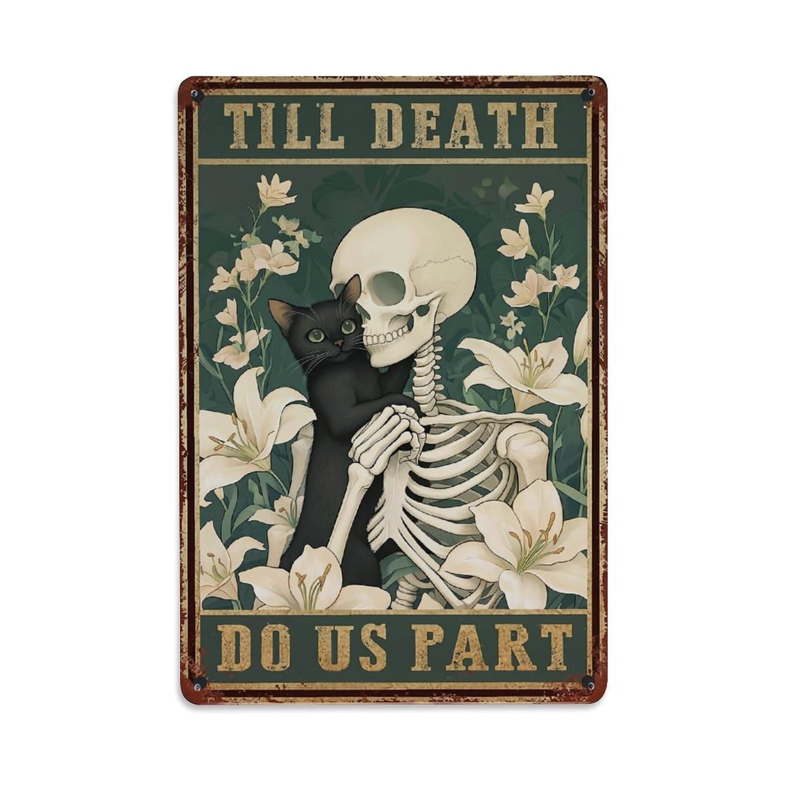 Jdfenggu Vintage Skeleton And Cat With Flowers Retro Metal Tin Sign, Decor Art Poster For Bar, Home, Man Cave, Kitchen, Laundry Room Gift 8X12inch