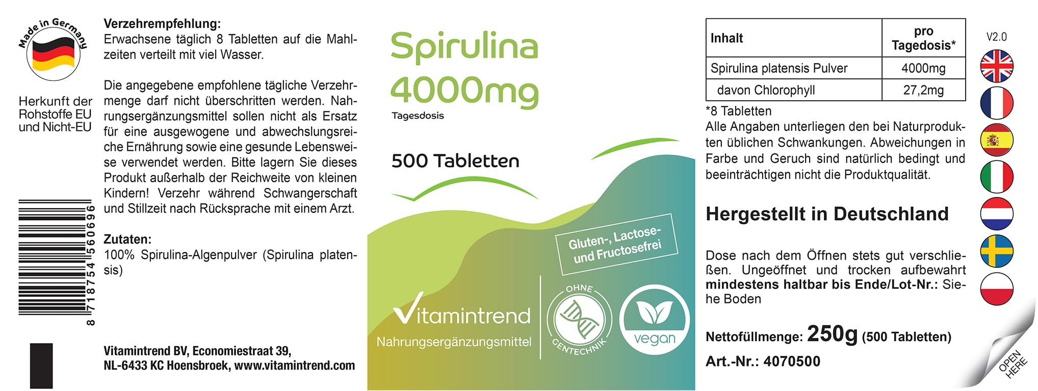 Vitamintrend Spirulina 4000 mg per dose giornaliera, 500 compresse, 100% Spirulina platensis, integratore alimentare vegano senza magnesio stearato, prodotto in Germania