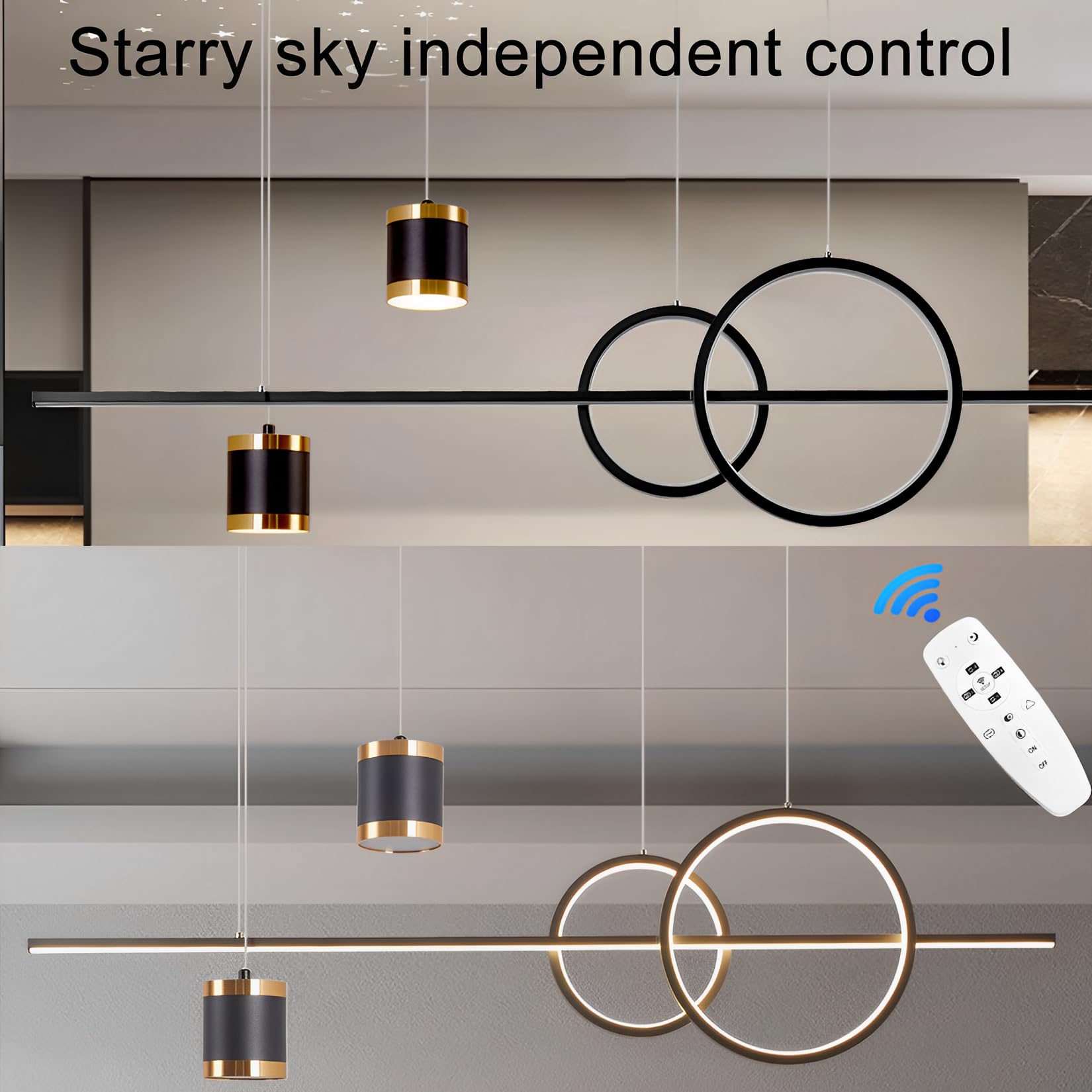 LED Pendelleuchte Esstisch, 49W Dimmbar Hängelampe mit Fernbedienung, Sternenhimmel Unabhängig Steuerbare Hängeleuchte, 120cm Höhenverstellbar Pendellampe, Für Esszimmer, Küche, Schwarz, 100cm
