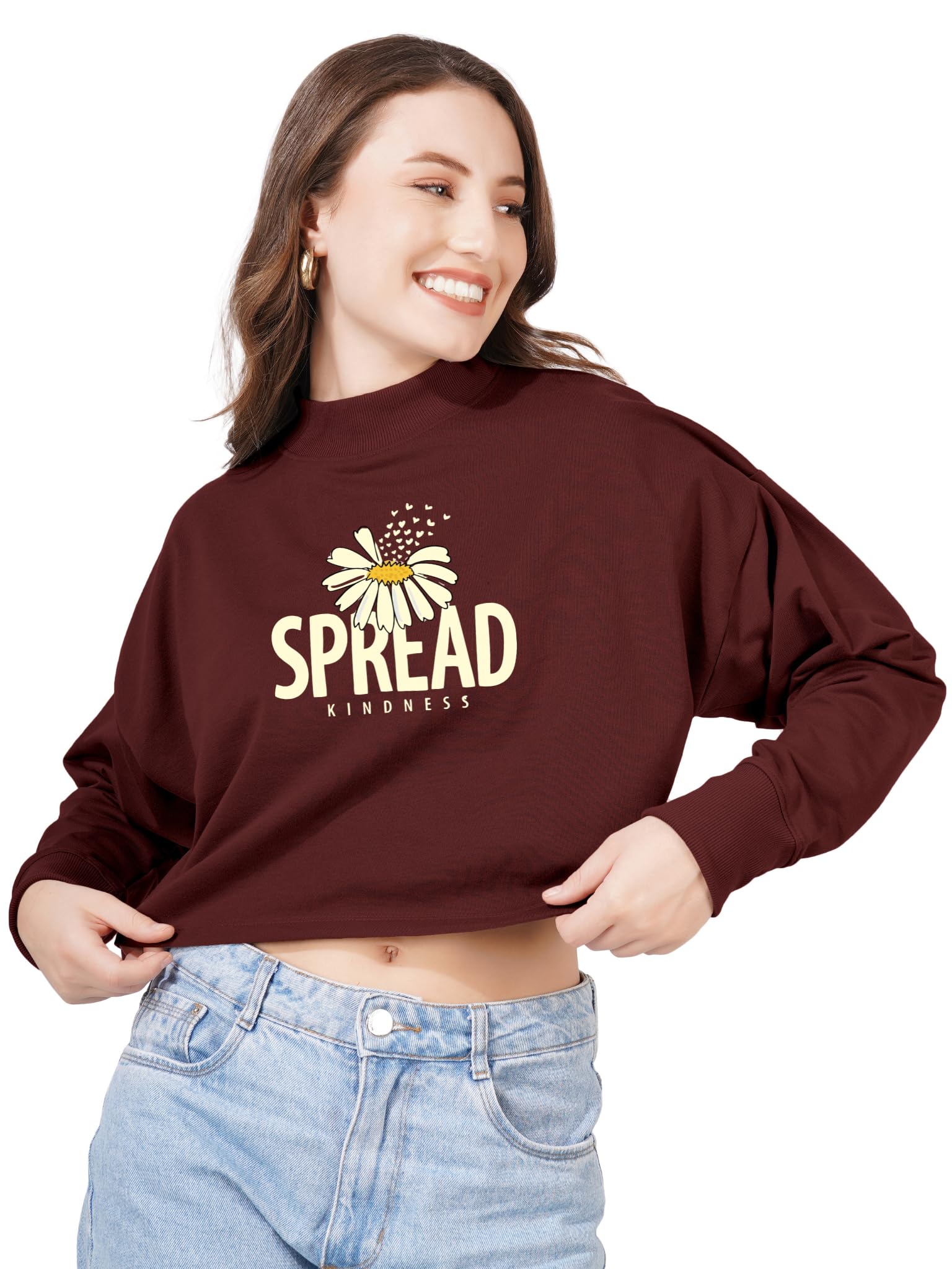 BLUEFICUS Women Cotton Blend Crop Sweatshirt with Spread Kindness Print | Casual High Neck Pullover for Winter Wear | Trendy Graphic Loose Fit Top for Women & Girls-picture-30