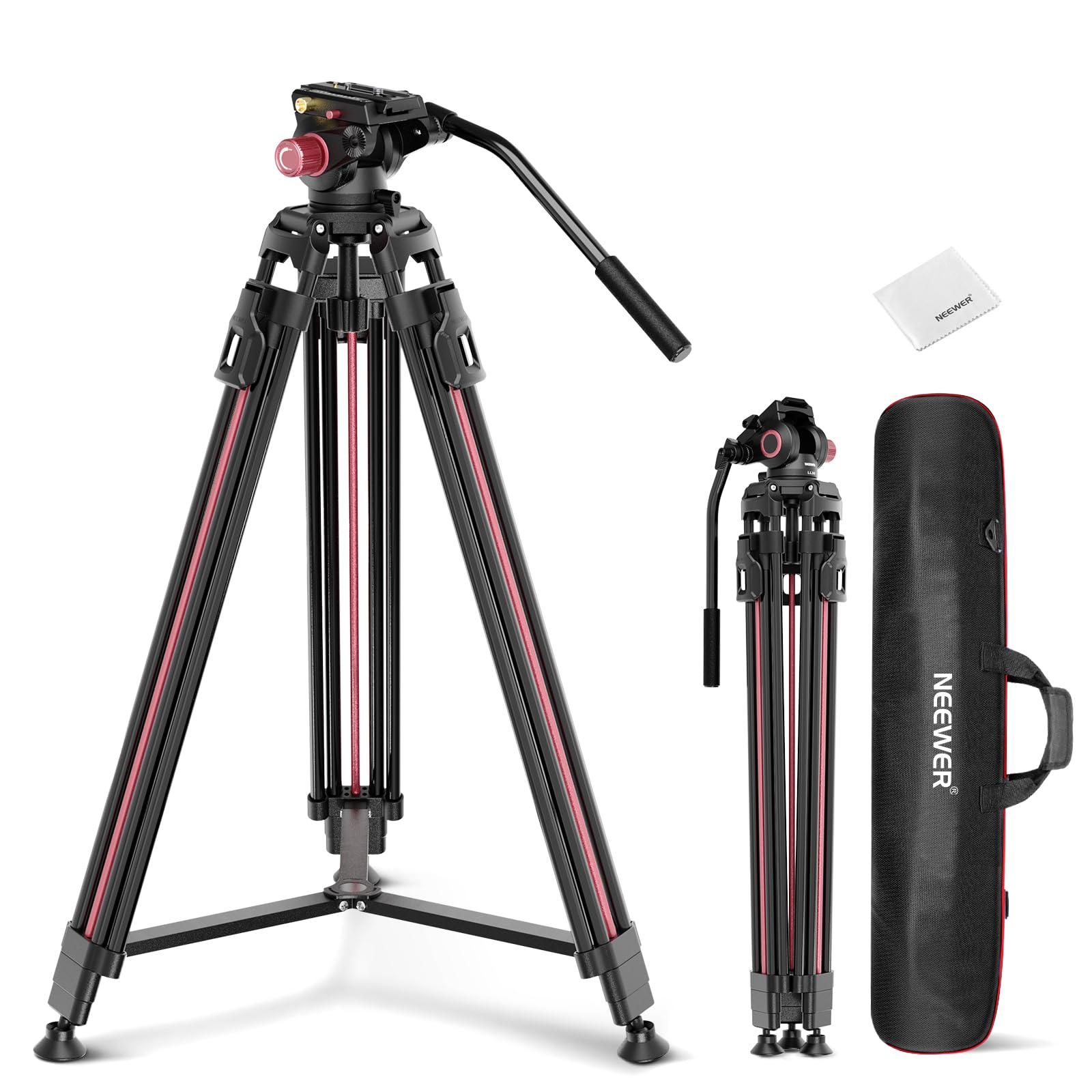 NEEWER LL38 2m Treppiede Video per Fotocamera con Testa Fluida e Panno Pulizia, Tripod in Metallo Robusto con Piastra a Sgancio Rapido in Un Passo Compatibile con Canon Nikon Sony Videocamera, Max 8kg