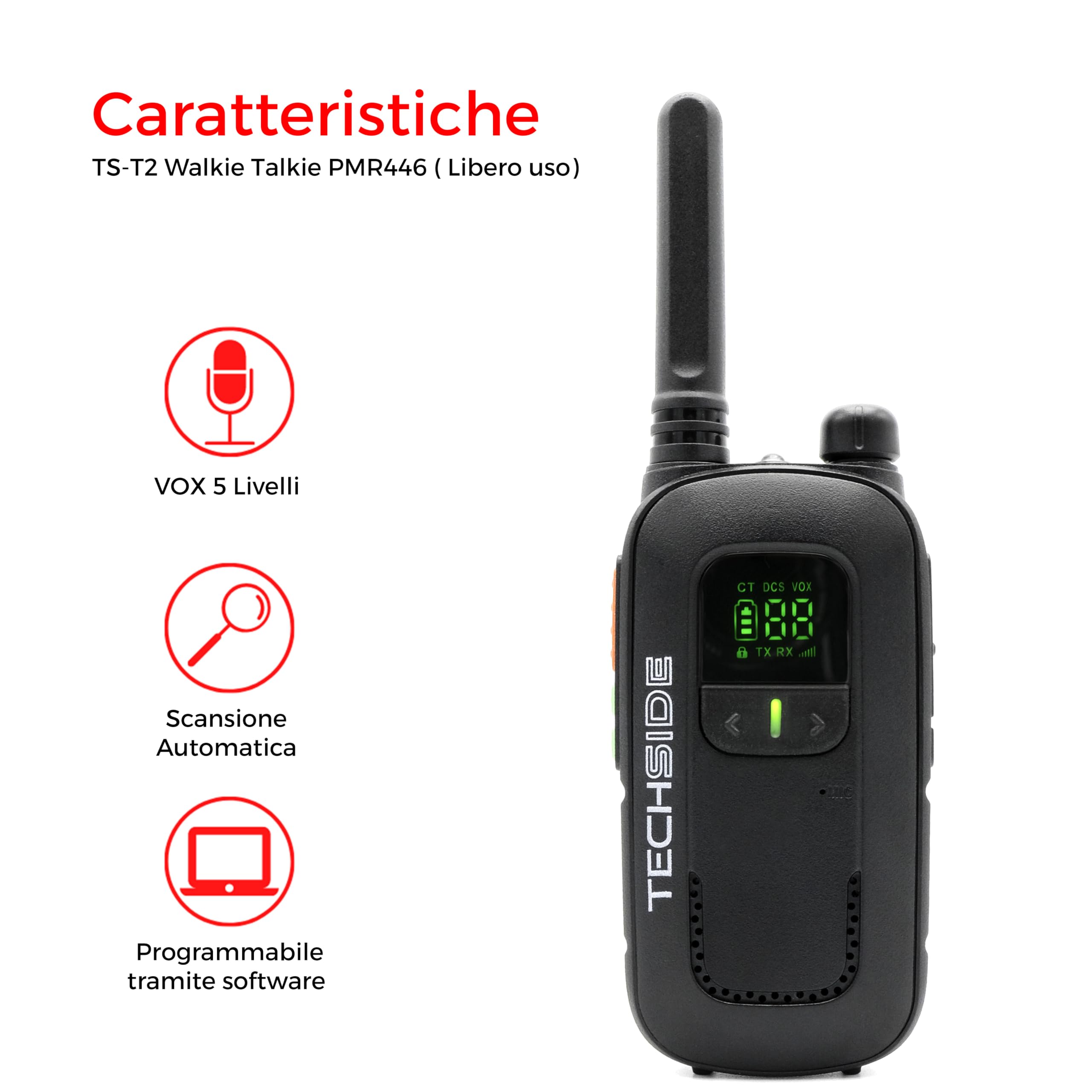 Techside TS-T2 Ricetrasmittente Professionale Walkie Talkie 16 Canali PMR446 (Libero uso) | Vox a 5 livelli | Scansione Automatica Canali | Auricolare e Caricatore USB full optional