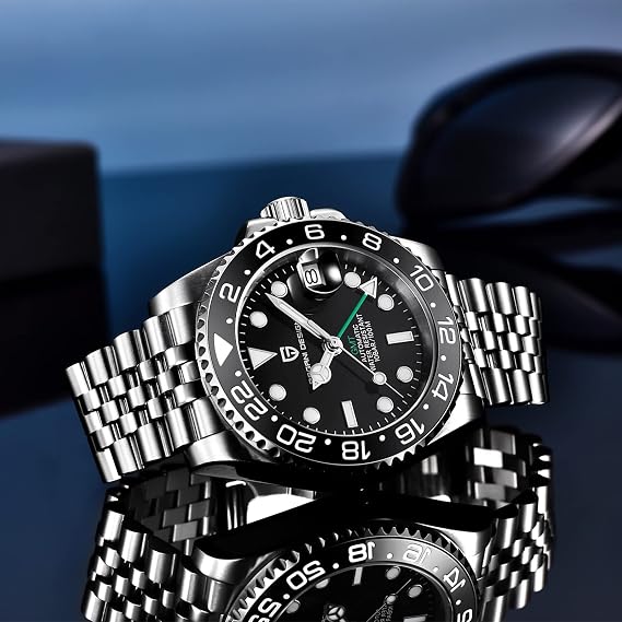 Pagani Design Men's Automatic Mechanical Watch GMT Dual Time Zone Wristwatches Stainless Steel Two-Tone Ceramic Bezel 100 m Waterproof PD-1662
