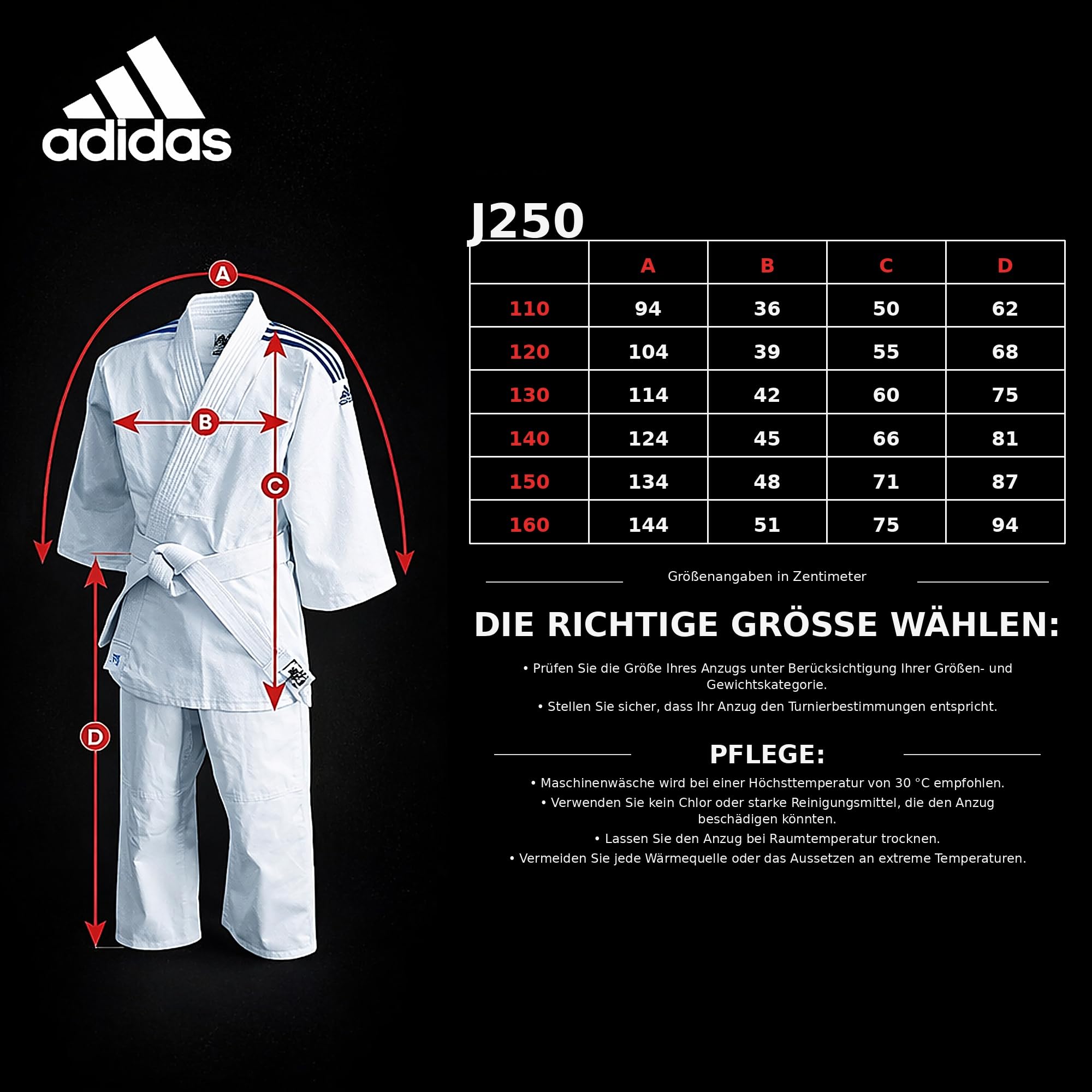 adidas Judoanzug J250 Beginner | Einsteiger Judo-GI für Kinder und Erwachsene | Für Training und Wettkampf | Stoffgewicht 250g/qm | für Körpergröße 120-180 cm