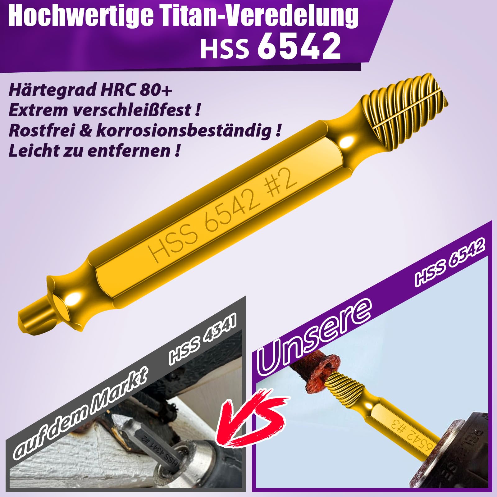 9 Piece Gold Titanium-Plated Screw Extractor Set, HRC 80 Hardness, HSS 6542, Screw Grab Screw Removal Tool, Longer Lasting - Image 2
