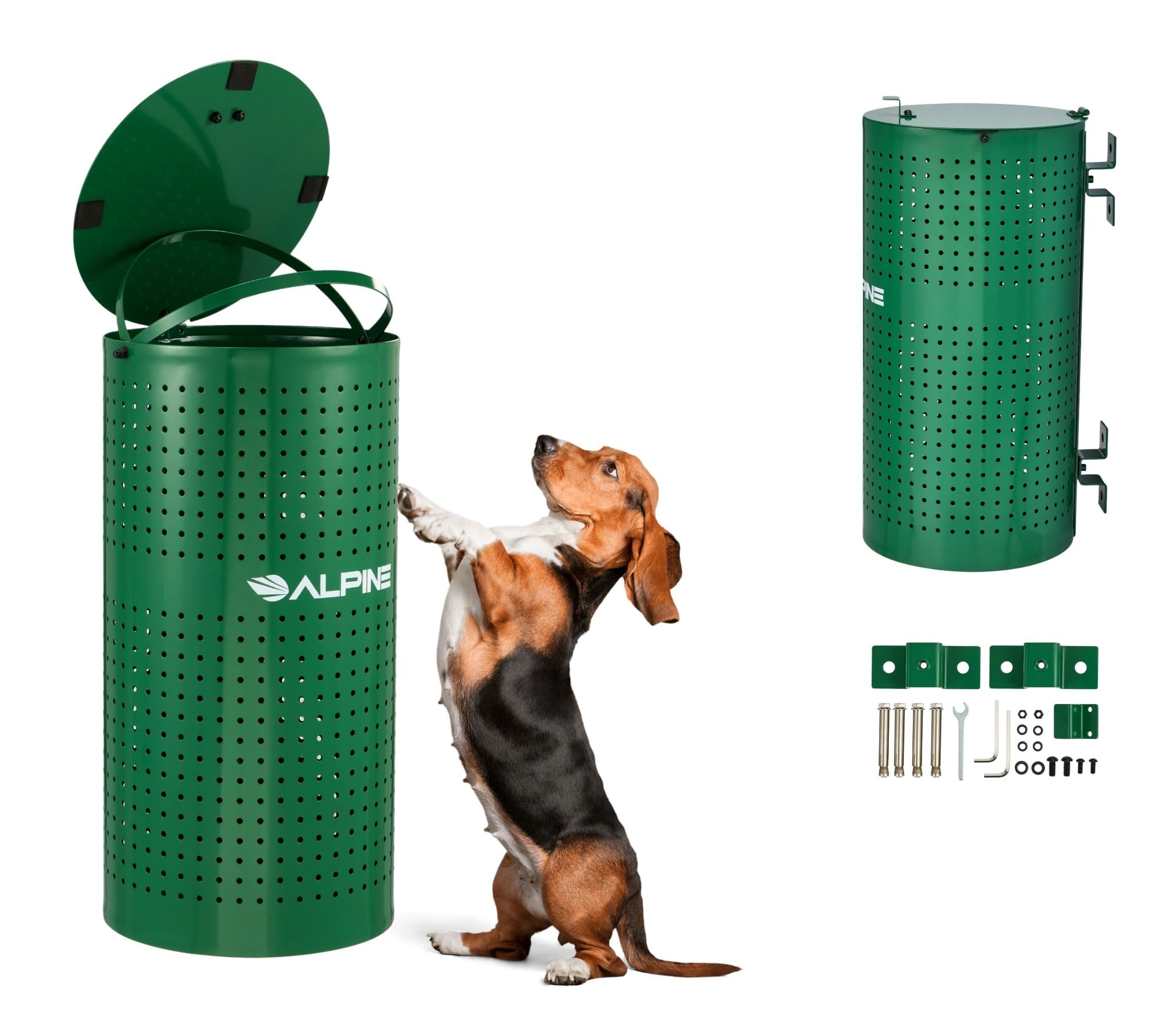Alpine Dog Waste Station - Weather Resistant, Green Steel Outdoor Pet Poop Trash Can for Parks, Trails & Public Areas