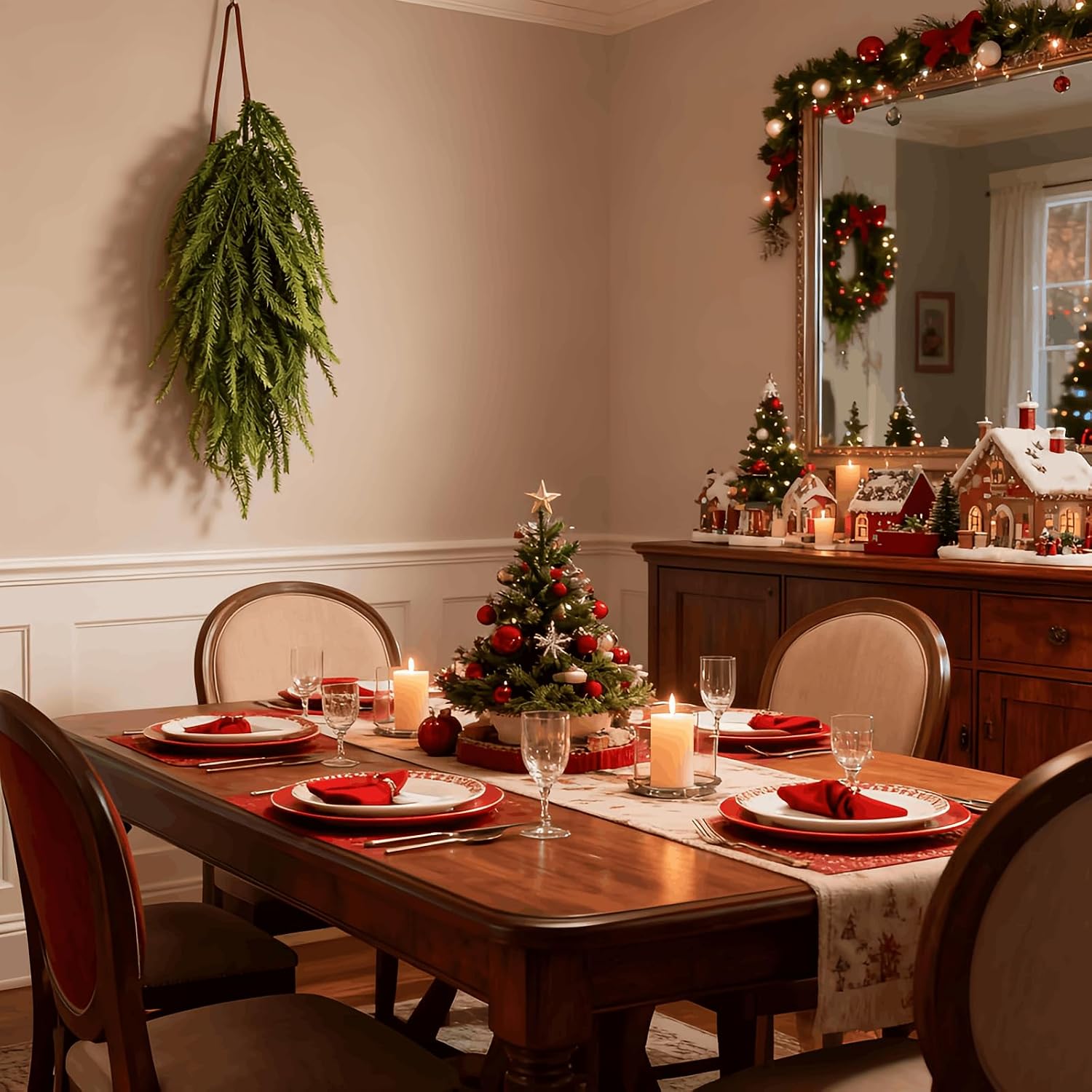 2 Pcs 28" Artificial Christmas Teardrop Swag, Norfolk Pine Greenery Teardrop Wreath Pine Needles Teardrop Door Swag, for Christmas Holiday Door Table Mantle Fireplace Indoor Outdoor Decor