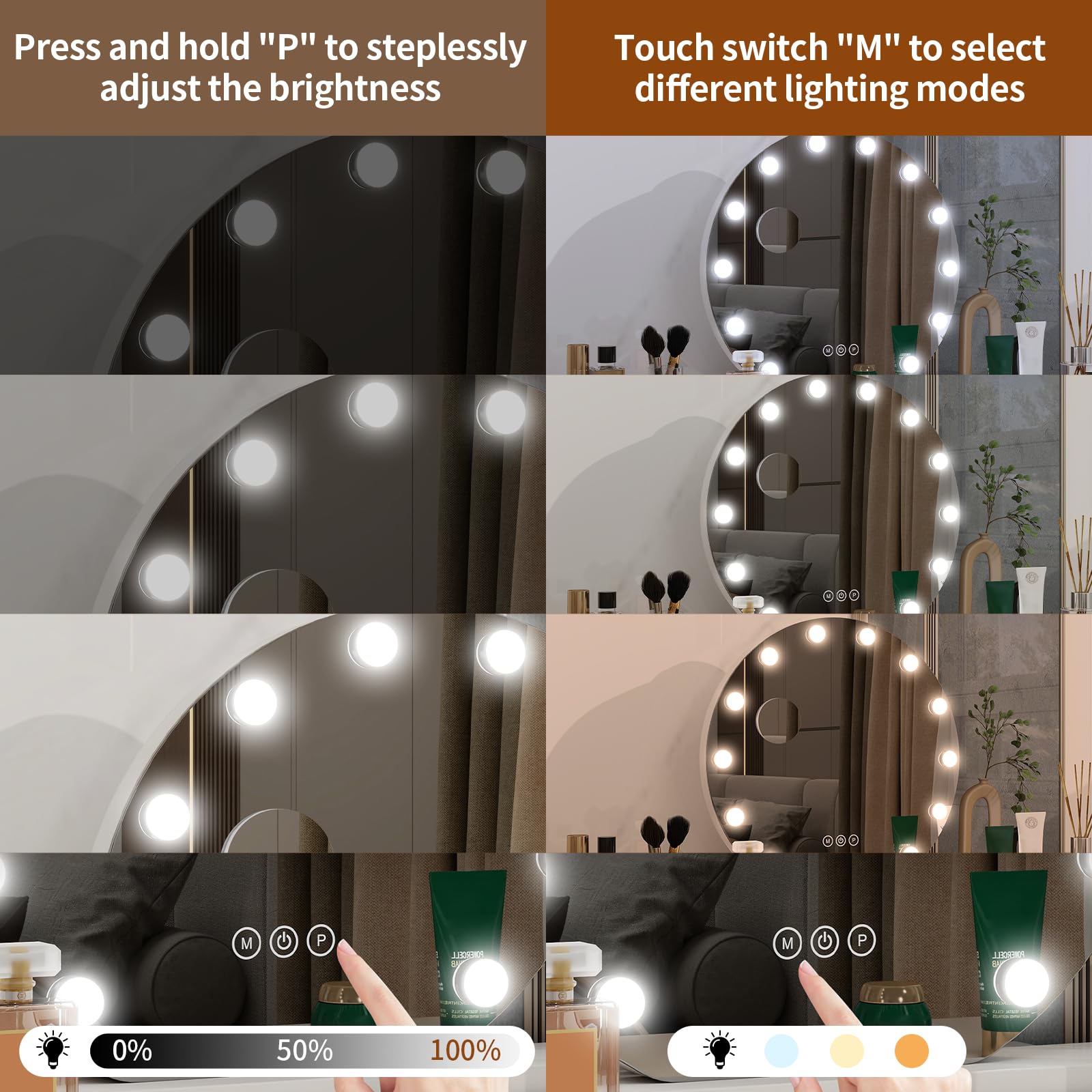 Hollywood Vanity - Specchio cosmetico rotondo con luci, 50 cm, specchio per il trucco con 12 lampadine LED dimmerabili, porta di uscita USB, 3 modalità di illuminazione, da tavolo e da parete