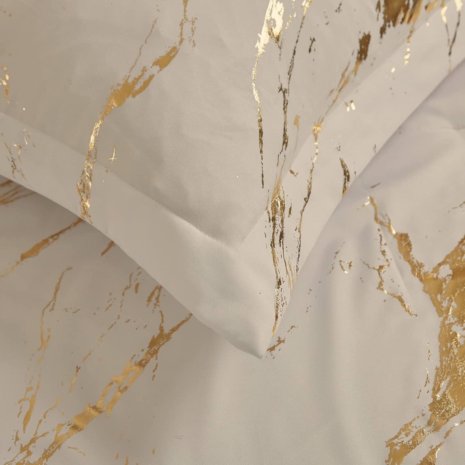 WONGS BEDDING Khaki Gold Metallic Marble Comforter Set King Foil Print Glitter Bedding Sets with 2 Pillowcases for All Seasons, Soft Microfiber Bedding Set 103"x90" - Image 5