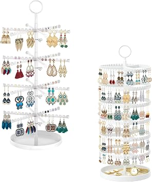 MODOWEY Metal Rotating Earring Holder Organizer Stand Adjustable Display Tree for Women Girl, 342-384 Holes Grooves Rack Tower Large Storage for Pierced Dangle Stud Hoop HangerWhite