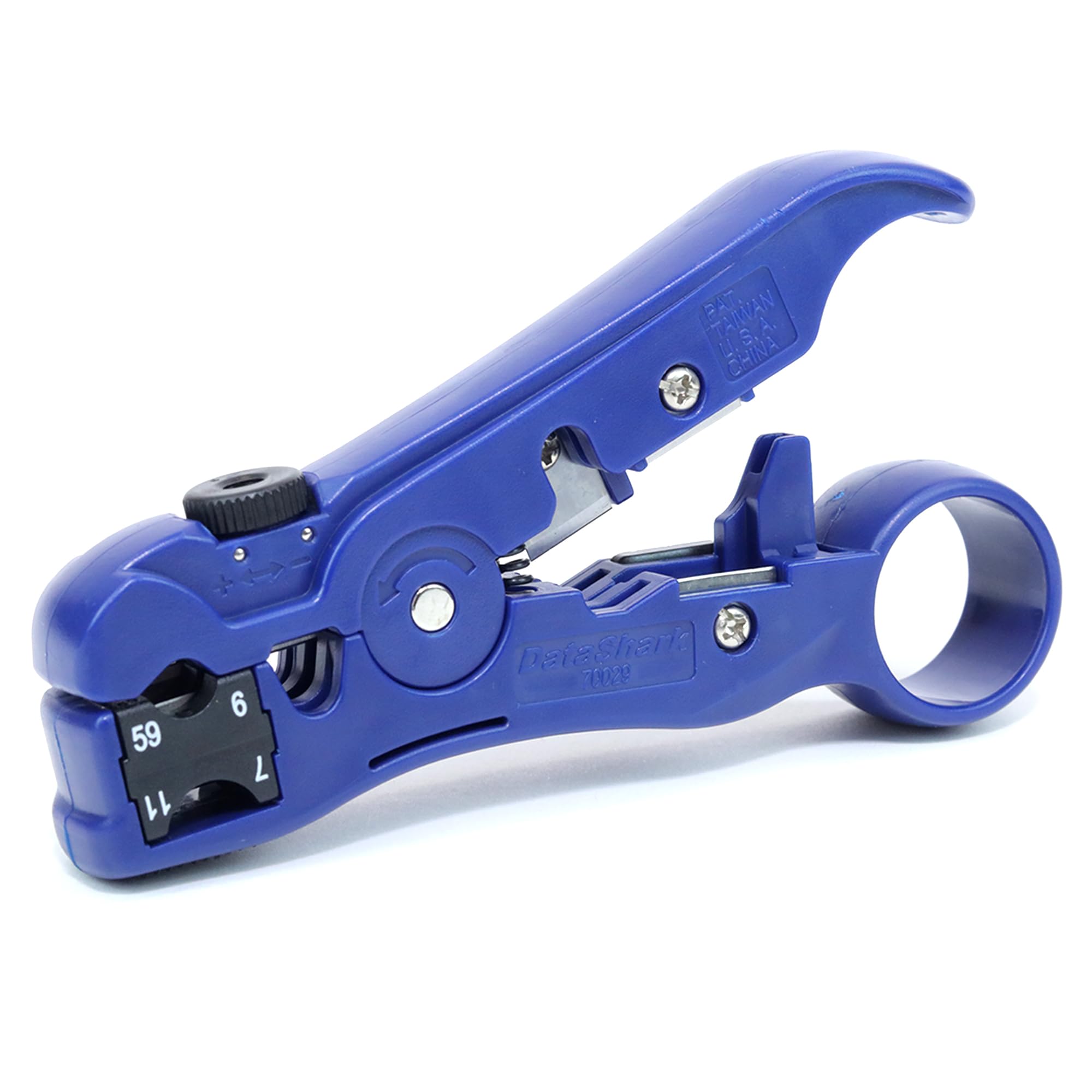 DataShark 70029 Universal Cutter-Stripper for Flat or Round TV/UTP Cable | Cat5 Cat5e Cat6 | RG6 Quad RG59 RG7 RG11 (Pro Grade)