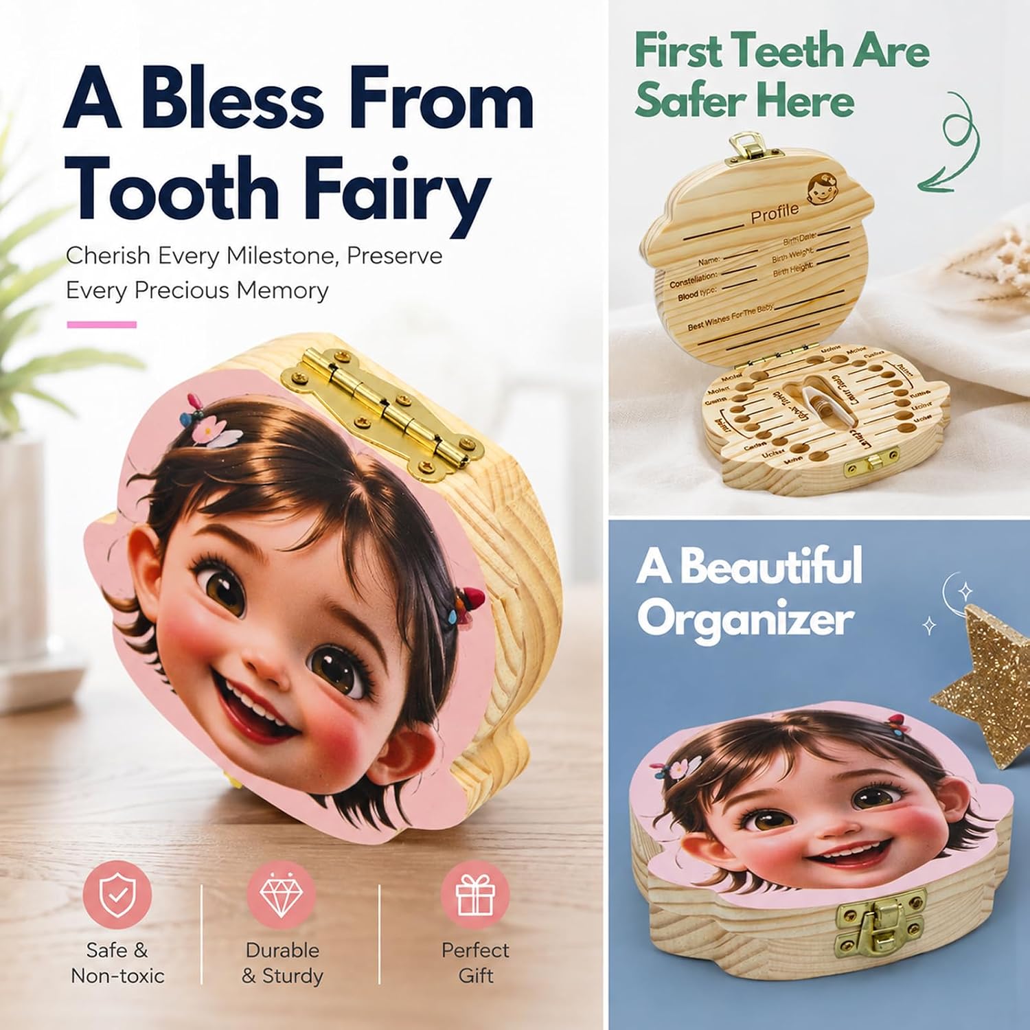 Personalized Wood Baby Tooth Fairy Box, Kids Lost Teeth Keepsake Saver image 5