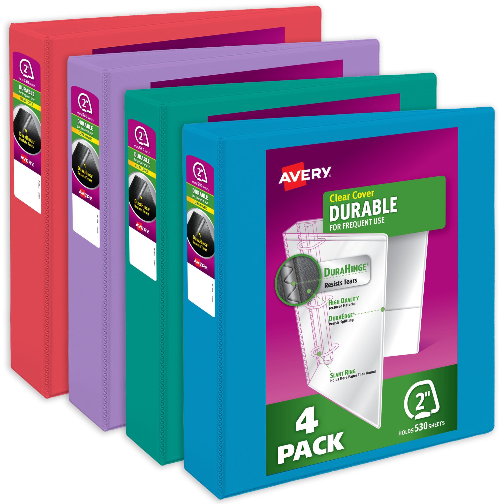 Avery Durable View 05635 Raccoglitori a 3 anelli, anelli inclinati da 5 cm, capacità 530 fogli, dorso largo 7,1 cm, copertina trasparente e dorso personalizzabili, colori vivaci (confezione da 4)