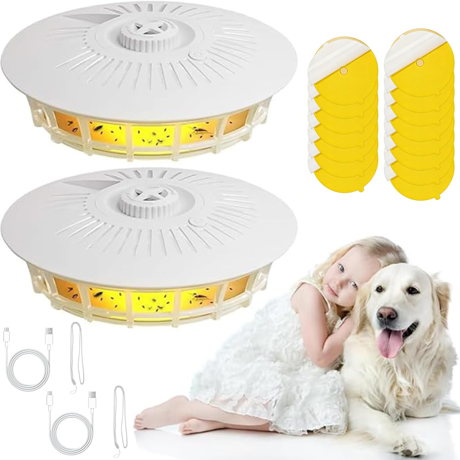 Trappola per pulci con luce LED a 360° per appartamento, include 15 adesivi e 4 modalità luminose. Doppia alimentazione, non tossica e inodore. Ideale per soggiorno, cucina, camera da letto e tappeti