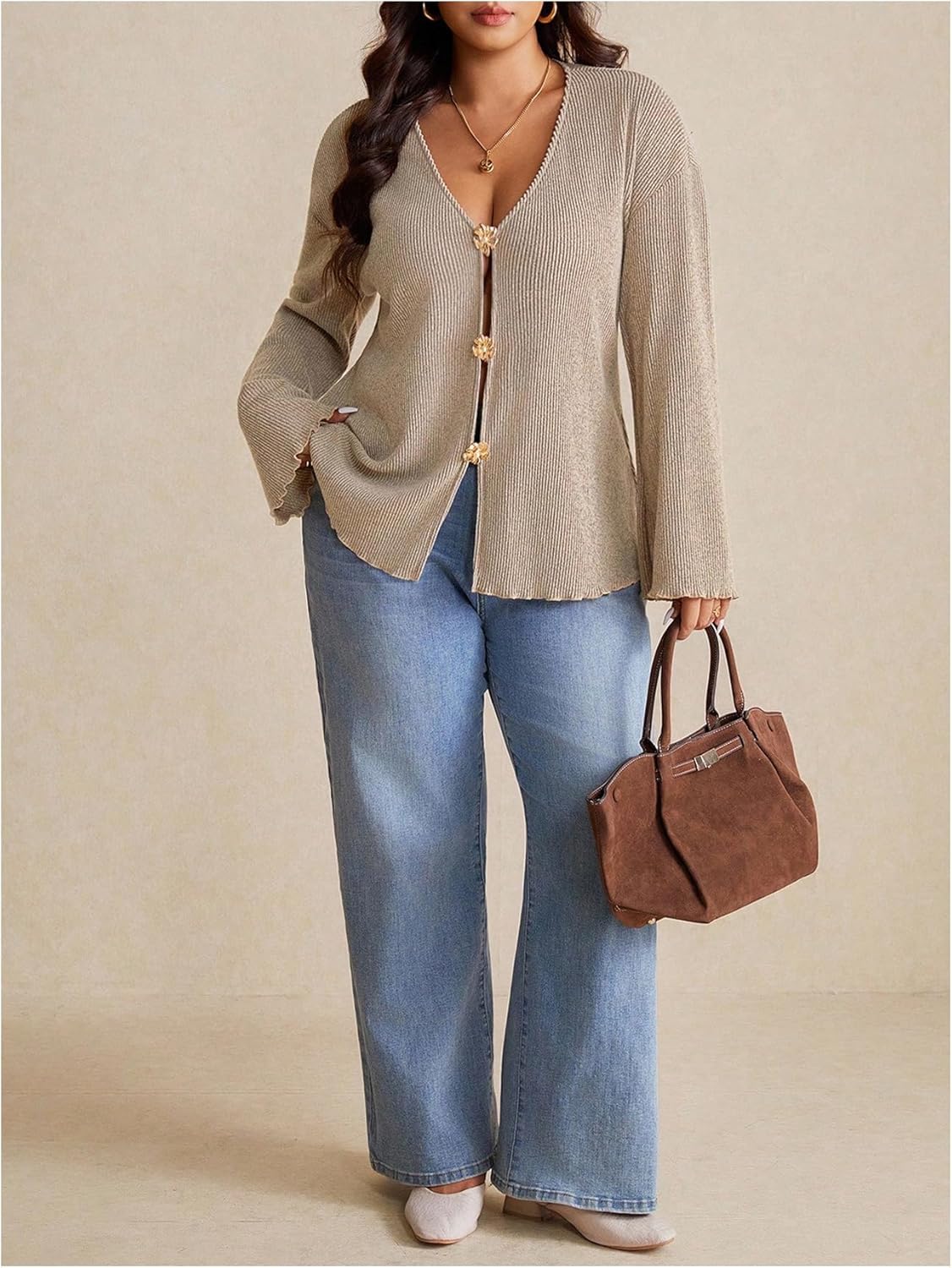 SOLY HUX Women's Plus Size Cardigan Sweater V Neck Long Sleeve Knit Tops Casual Fall Clothes - Image 5