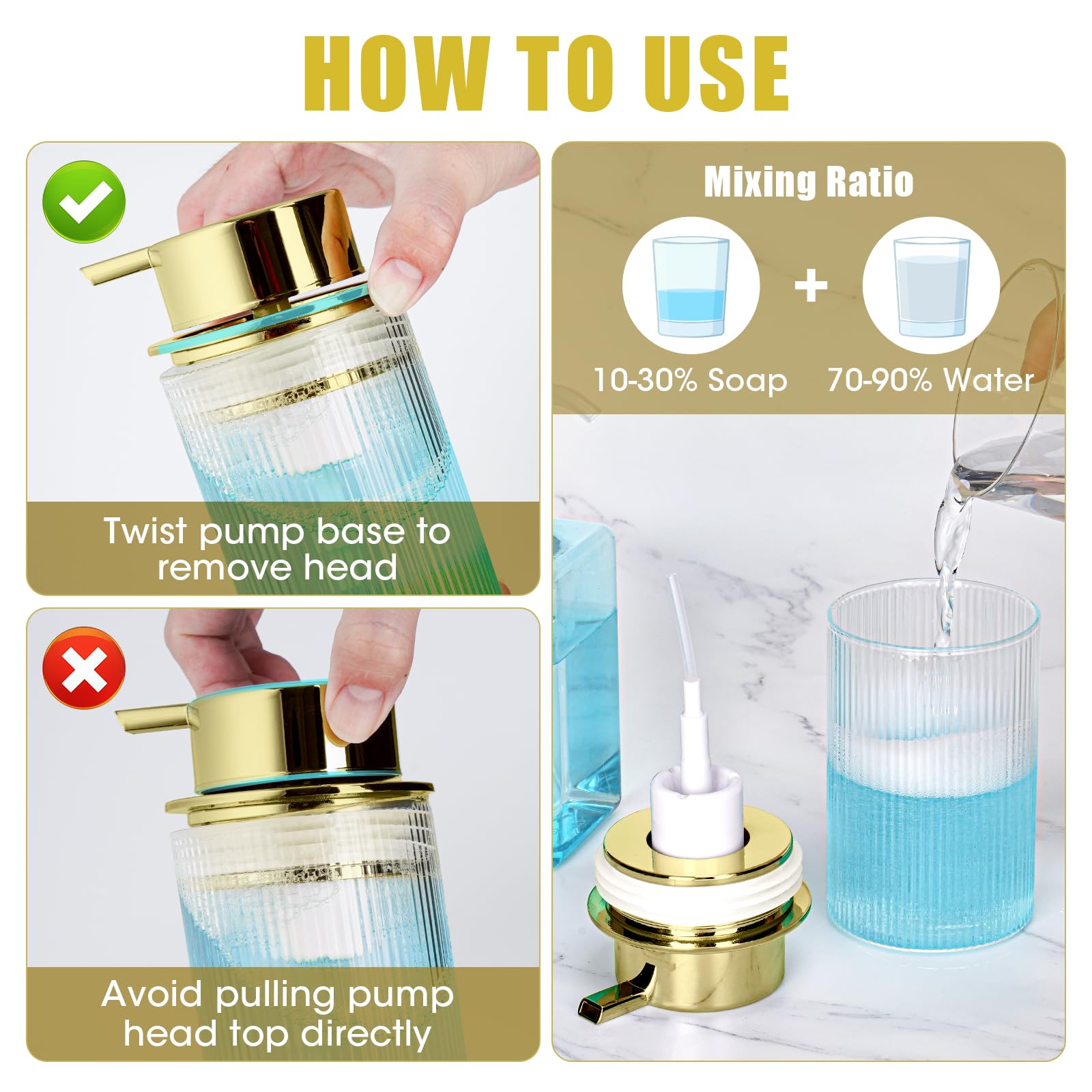 NiHome Dispenser Sapone In Vetro Con Strisce – Pompa Schiuma, Base Antiscivolo, Capacità 400ml, Colore Oro - 4