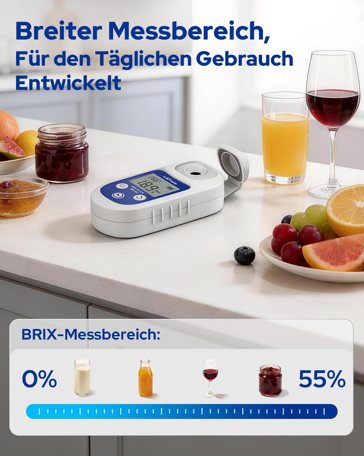 Digitales Refraktometer 0-55% ±0,2%, BM101 Brix Refraktometer mit ATC, IP65 Refraktometer Brix für Saft, Weinherstellung & Kaffee