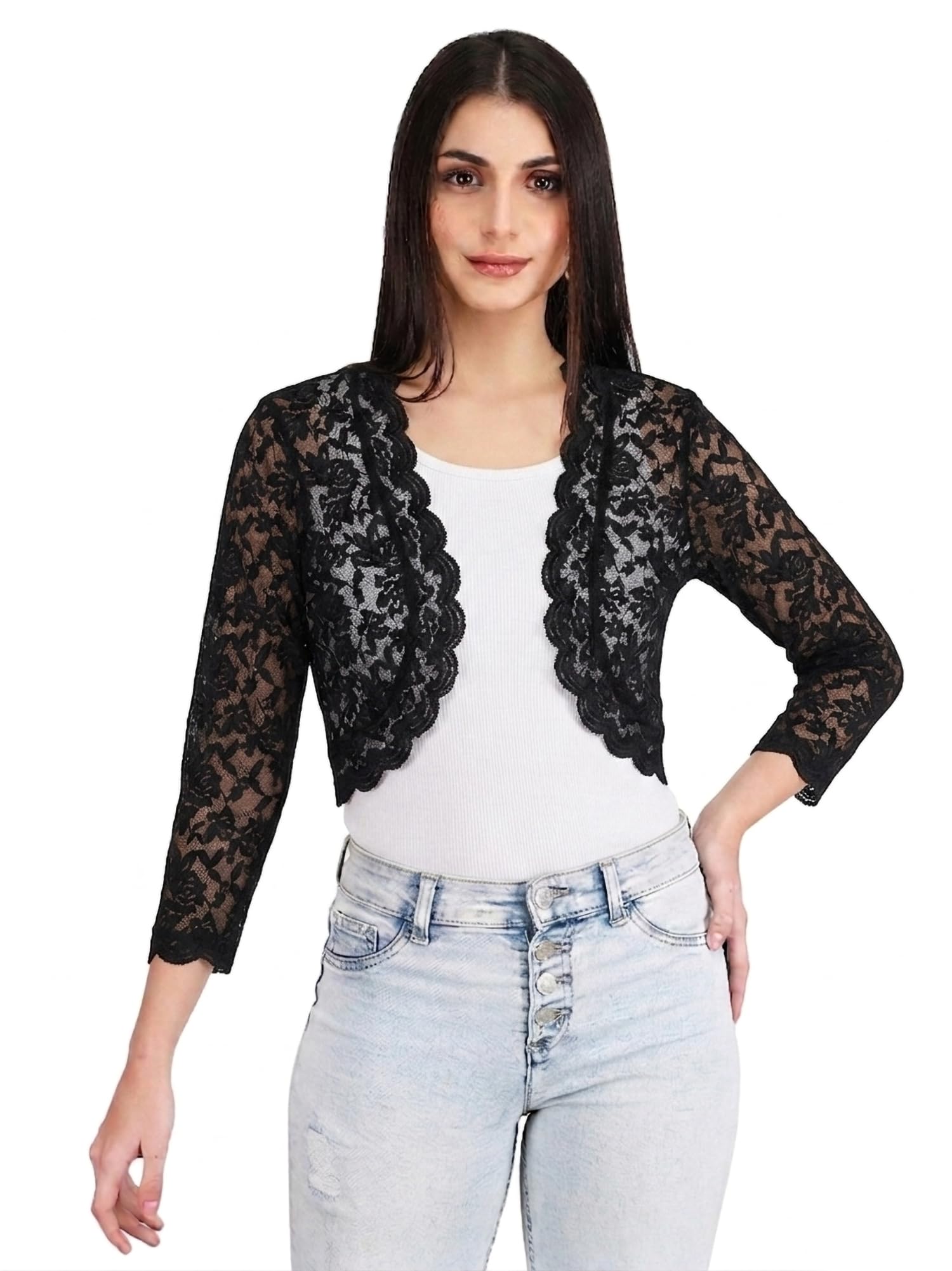 Women Floral Lace Shrug Stylish 3/4 Sleeve Sheer Embroidered lace Fabric Net Crop Shrug, Scalloped Hemline in Front and on Sleeves,Casual Outfit-image-37