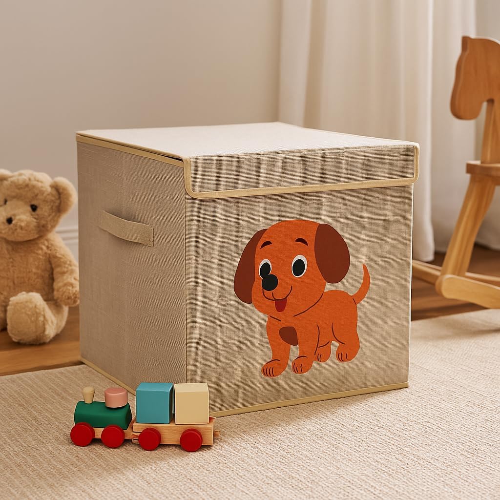 Caixa Organizadora Infantil Brinquedos Linho Tampa Baú Animal Box Oky’s (CACHORRO)