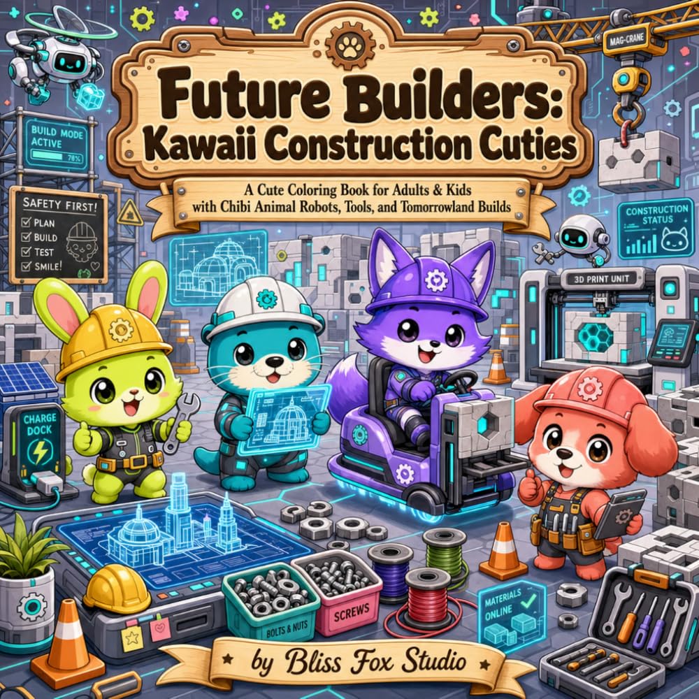 Future Builders: Kawaii Construction Cuties: A Cute Coloring Book for Adults & Kids with Chibi Animal Robots, Tools, and Tomorrowland Builds