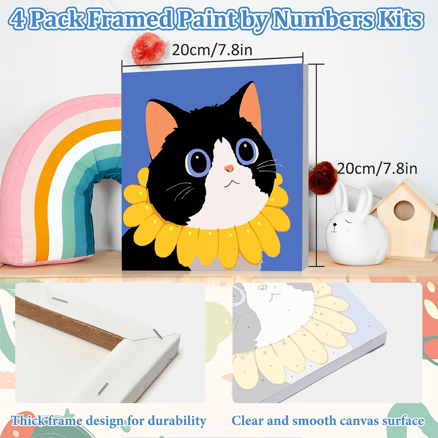 MAXBYE 4 Pack Paint by Numbers Kit for Kids, Cute Cat Painting By Number Kits for Kids Ages 8-12, Paint by Numbers with Framed, Canvas Children DIY Paints by Number Kits for Beginners 8x8 In